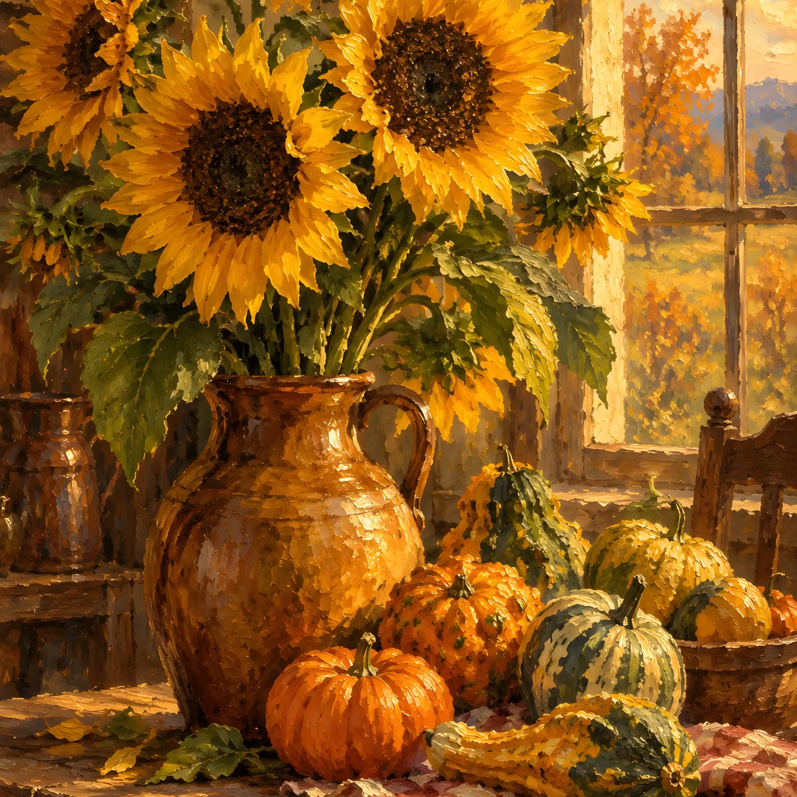 Sunflowers and Gourds on a Harvest Table Printable Art, Rustic Fall Floral Painting preview