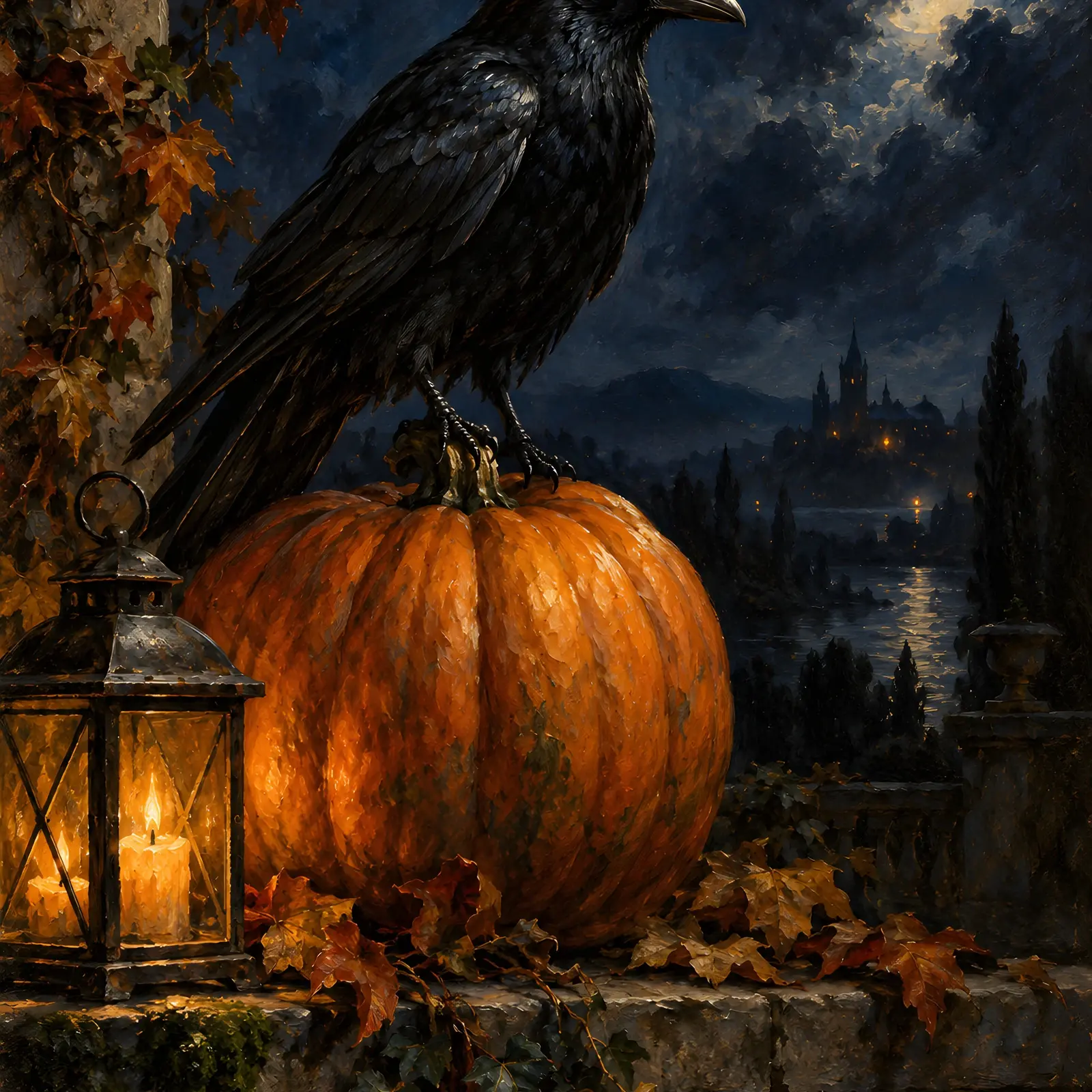 Raven Perched on a Pumpkin at Midnight Printable Wall Art, Gothic Halloween Painting preview