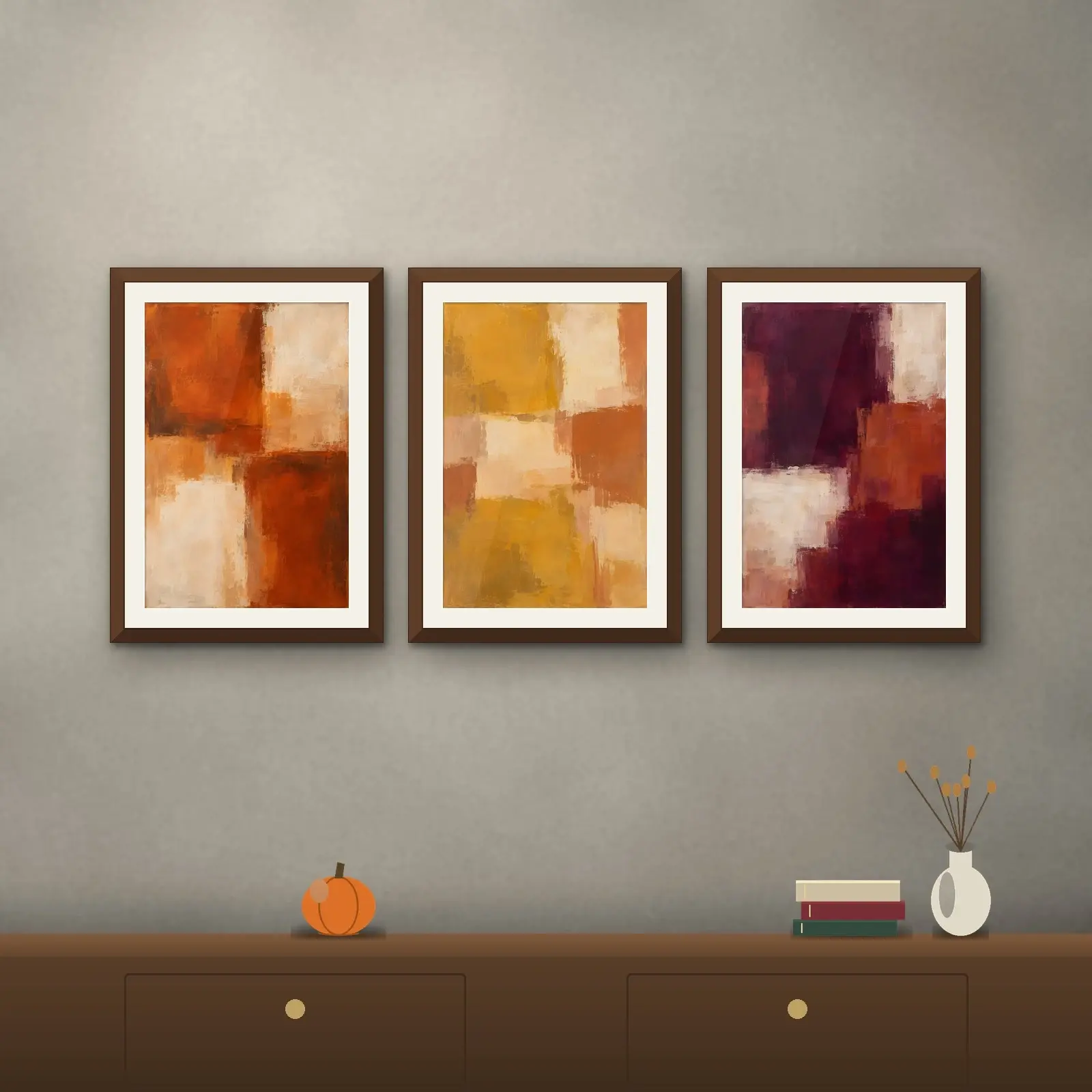 Autumn Abstract Color Field Triptych, 3 Piece Printable Rust Ochre Plum Wall Art preview