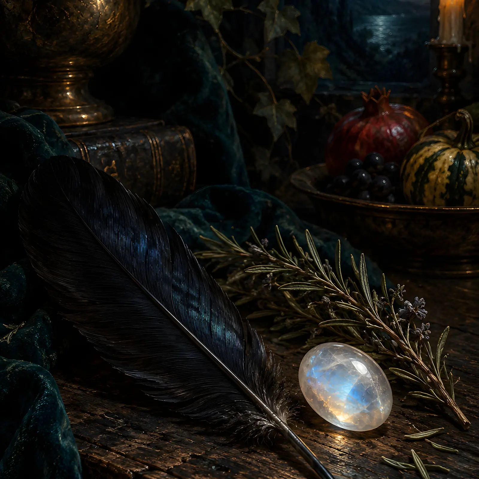 Raven Feather and Moonstone Still Life Printable Art, Moody Witchy Wall Decor preview