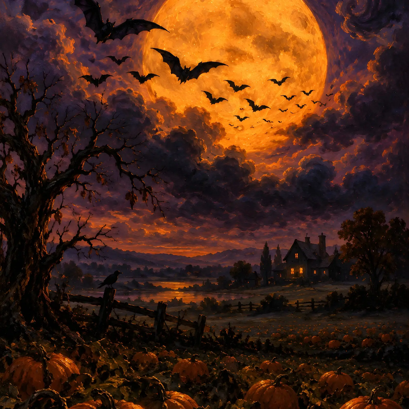Bats Over the Harvest Moon Printable Halloween Wall Art, Dark Sky Oil Painting, preview 1 of 4