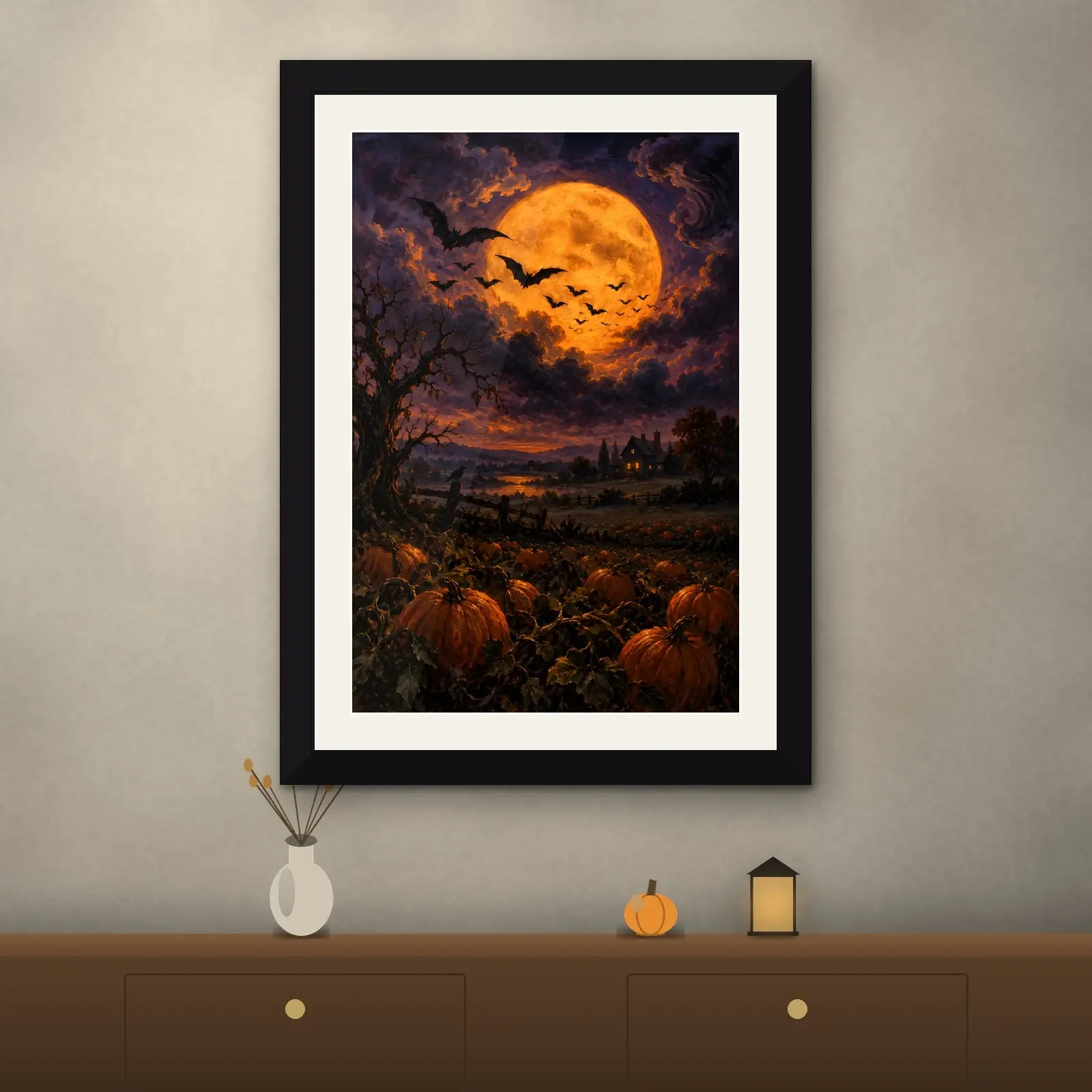 Bats Over the Harvest Moon Printable Halloween Wall Art, Dark Sky Oil Painting, preview 2 of 4