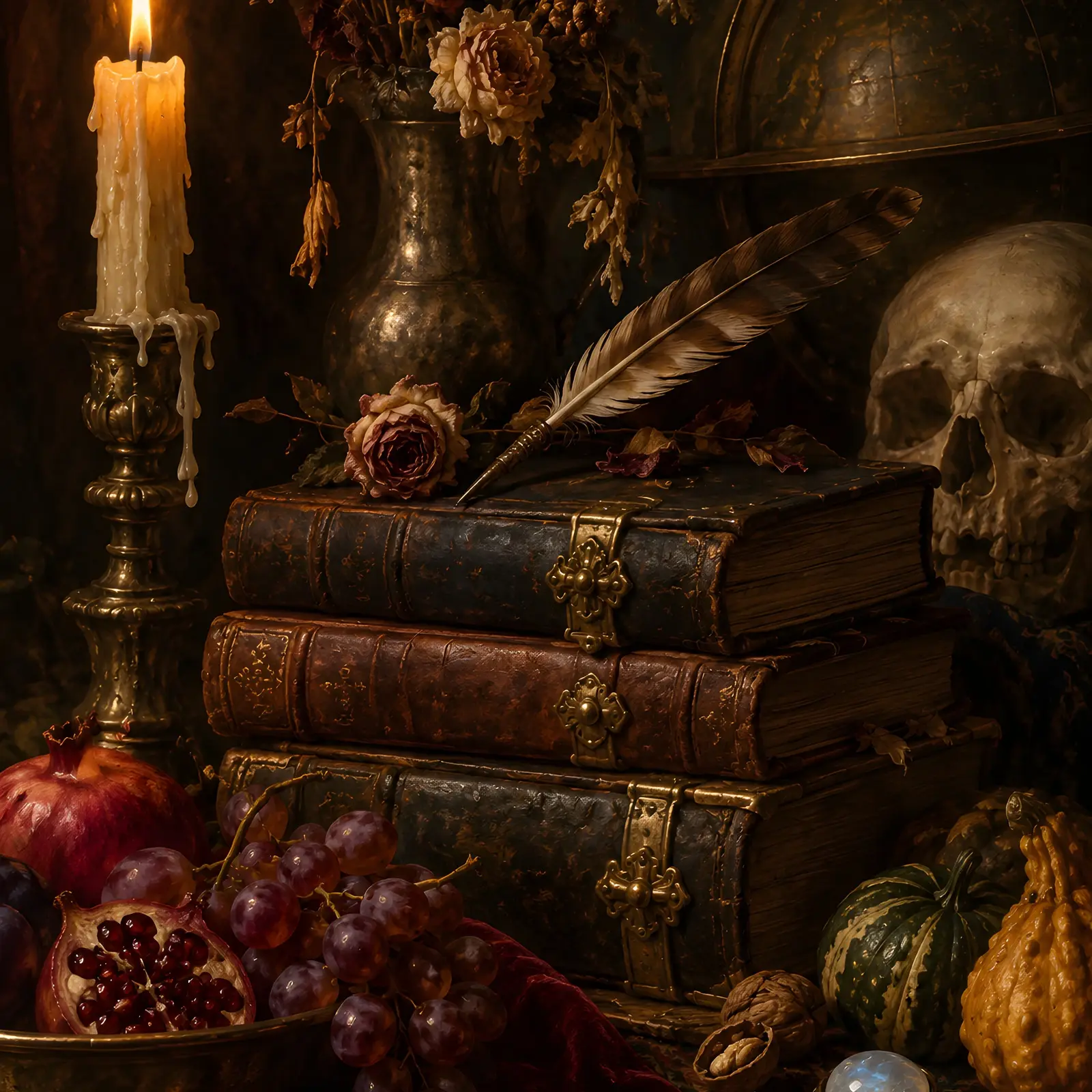 Spellbooks and Candles Still Life Printable Art, Dark Academia Witchy Painting preview