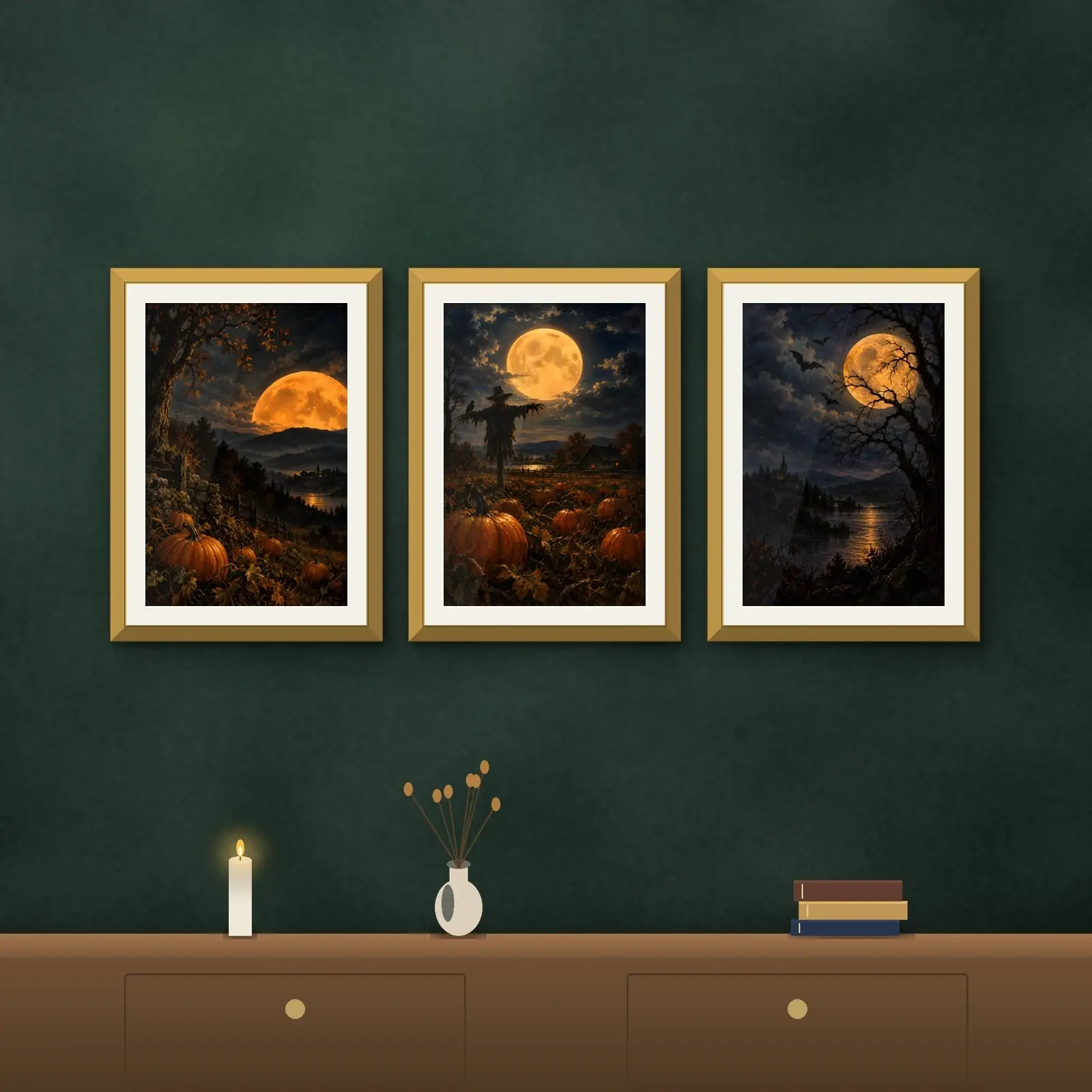 Harvest Moon Triptych, 3 Piece Printable Wall Art Set of Moonlit Autumn Paintings preview