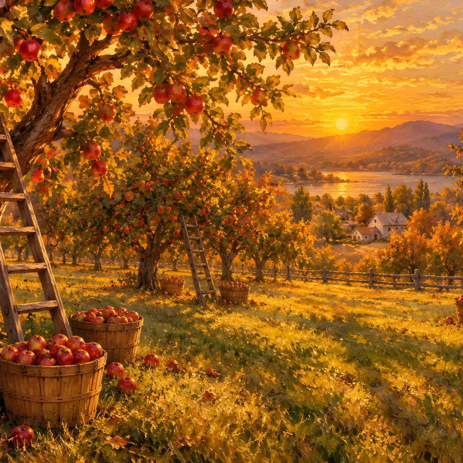 Apple Orchard at Golden Hour Landscape Print, Printable Autumn Harvest Painting preview