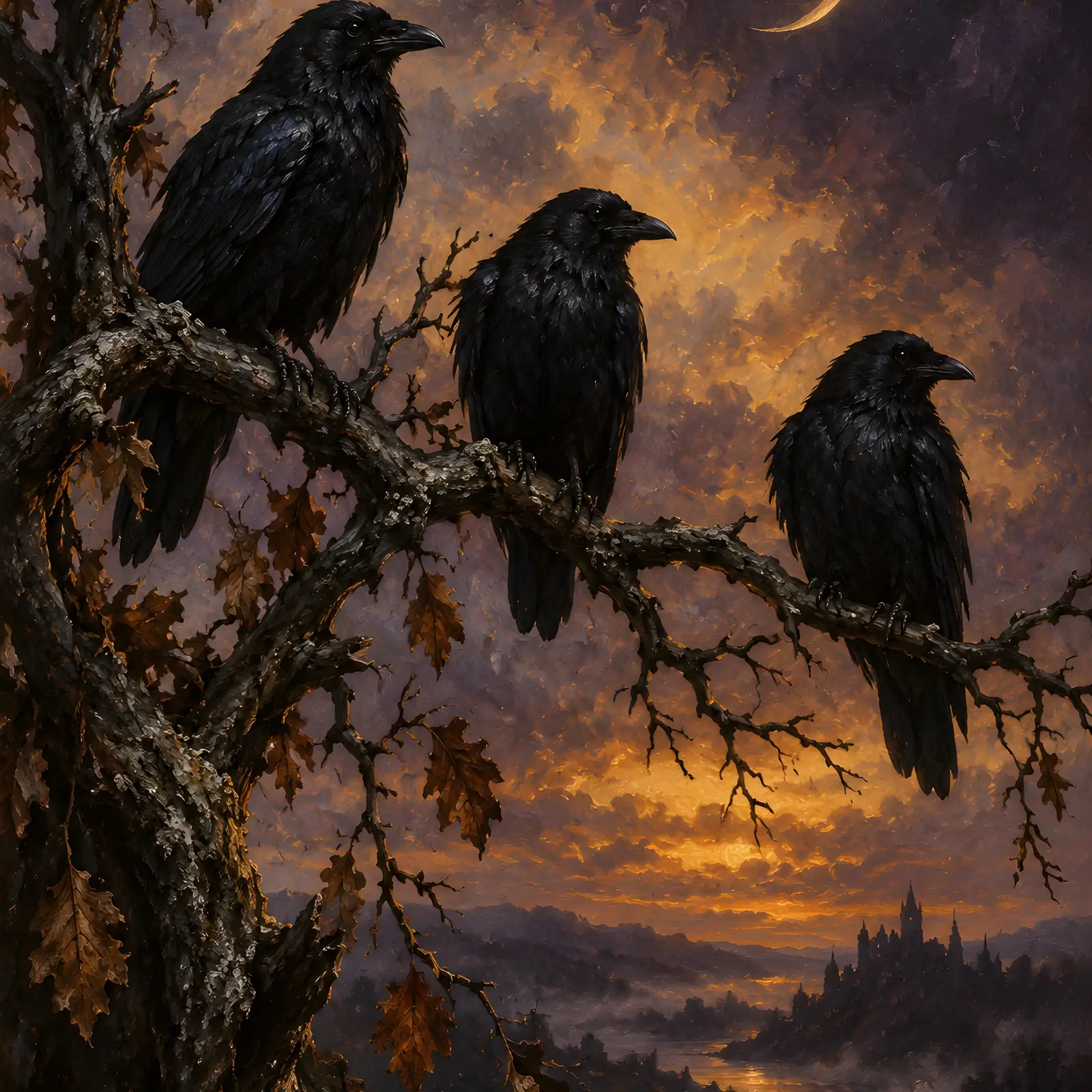 Three Crows on a Bare Branch at Dusk Printable Art, Moody Autumn Wall Decor preview