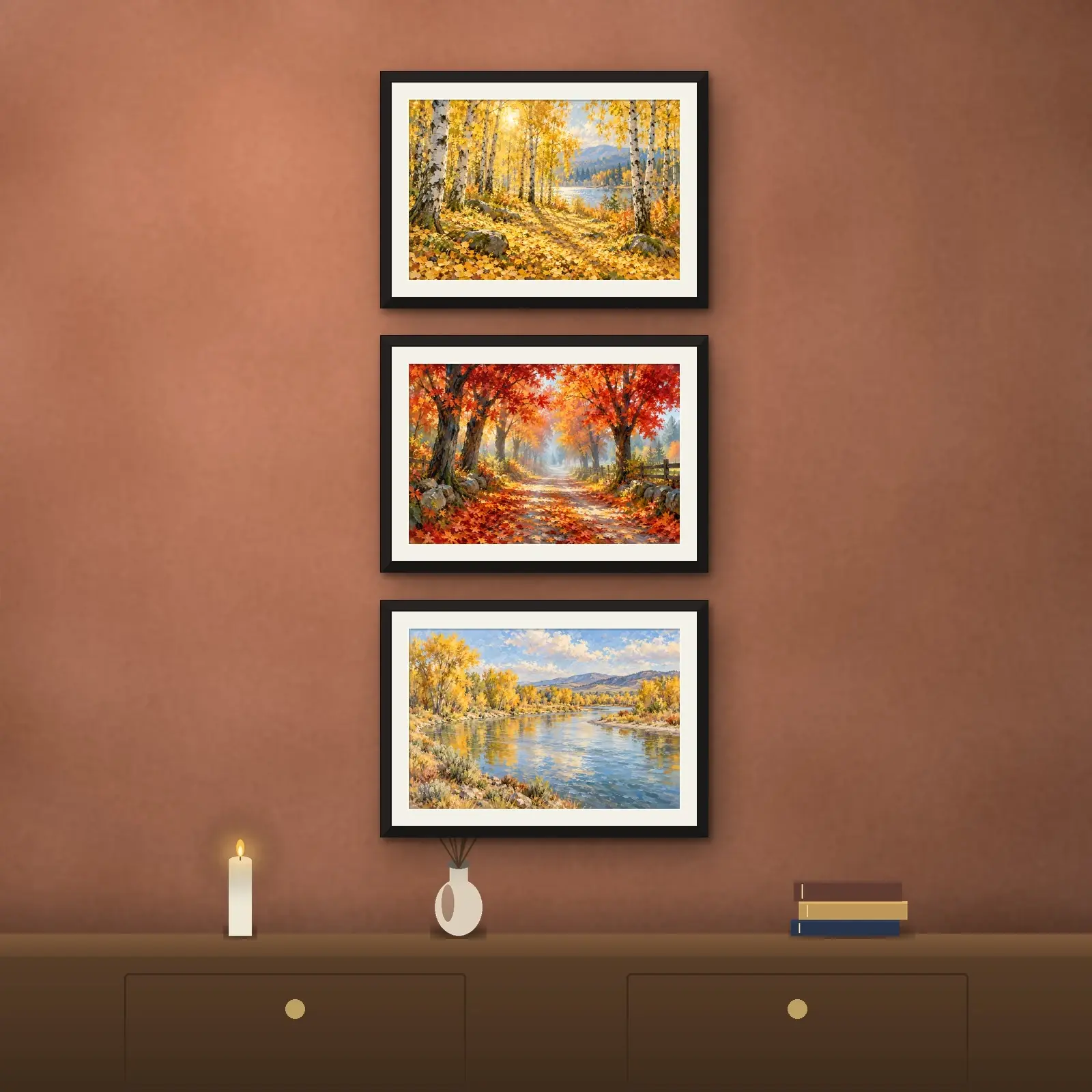 Autumn Forest Landscape Set of 3, Printable Fall Painting Prints in Gold and Rust preview