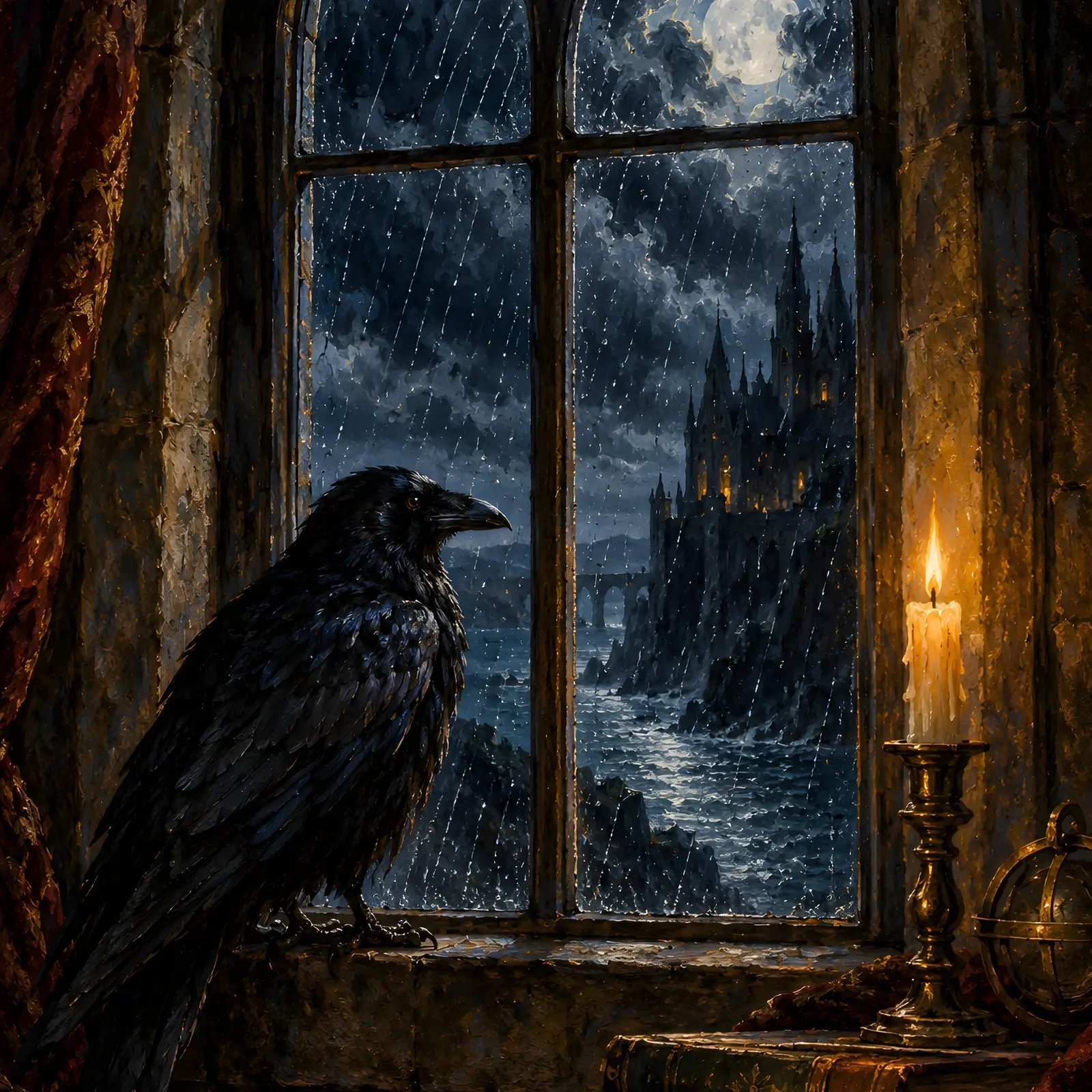 Raven in a Gothic Window with Candle Printable Wall Art, Moody Dark Academia Painting preview