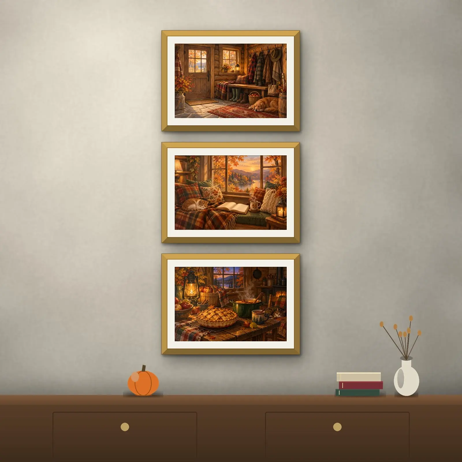 Cozy Cabin Interior Prints Set of 3, Printable Plaid and Firelight Autumn Wall Art preview