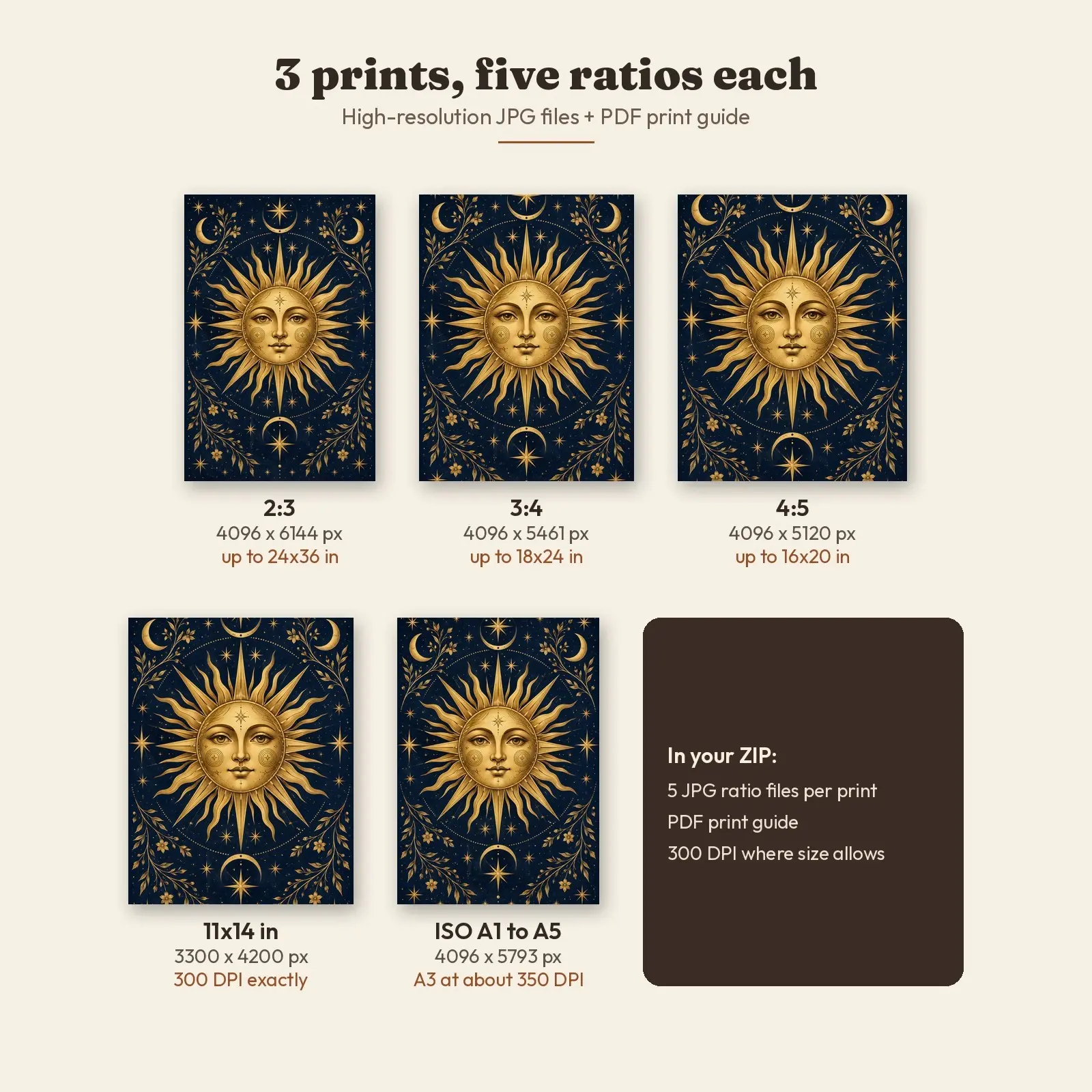 Celestial Gold on Navy Wall Art Set of 3, Printable Sun Moon and Stars Prints, preview 3 of 4