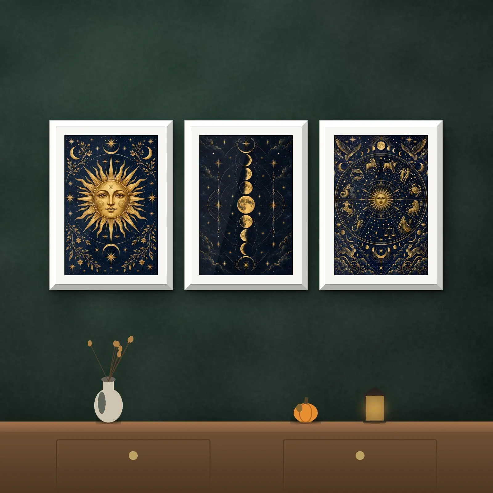 Celestial Gold on Navy Wall Art Set of 3, Printable Sun Moon and Stars Prints preview