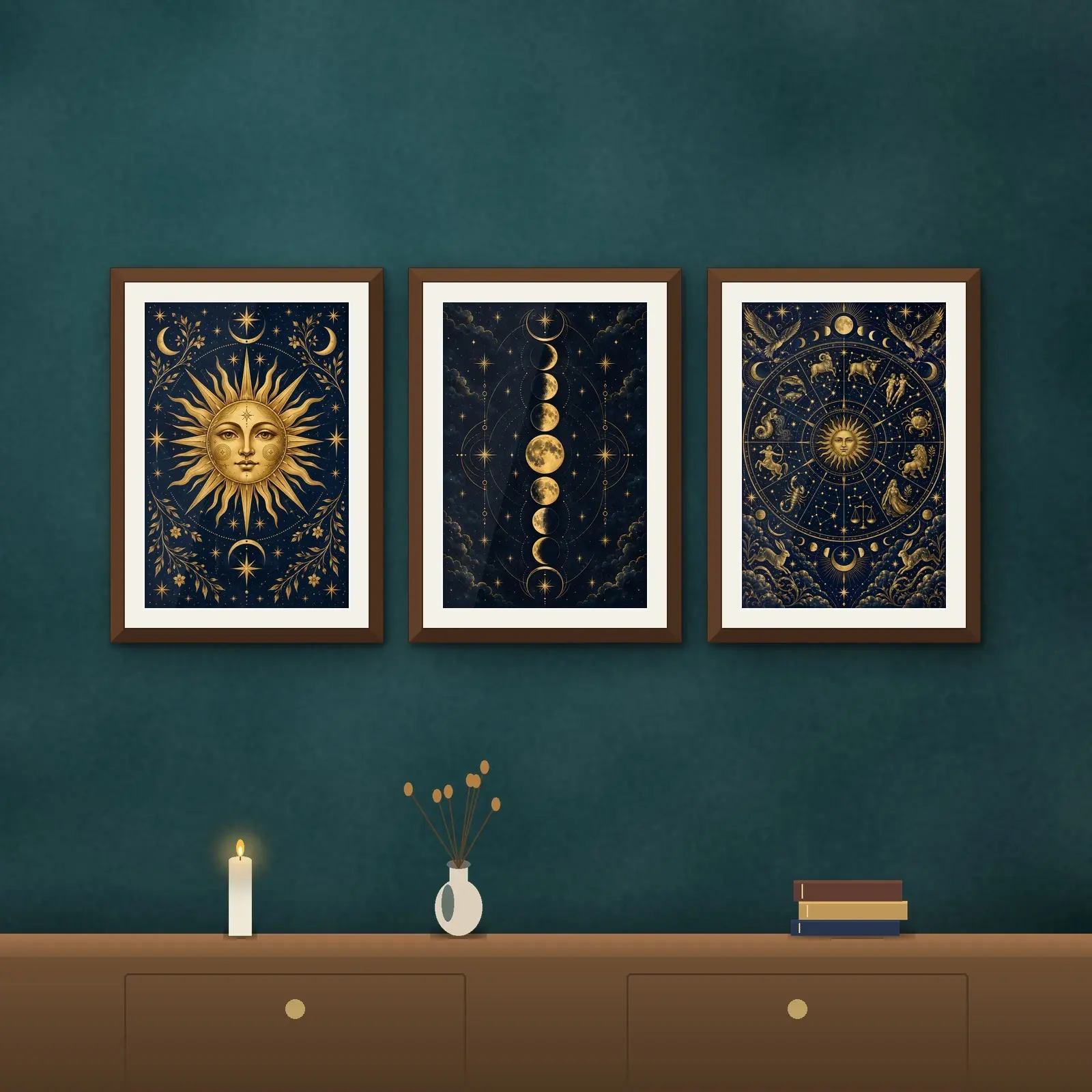 Celestial Gold on Navy Wall Art Set of 3, Printable Sun Moon and Stars Prints, preview 4 of 4