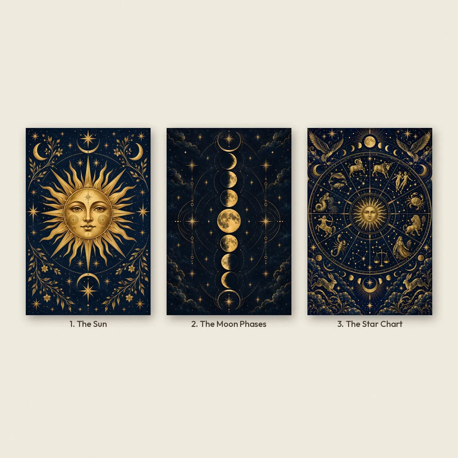 Celestial Gold on Navy Wall Art Set of 3, Printable Sun Moon and Stars Prints, preview 2 of 4