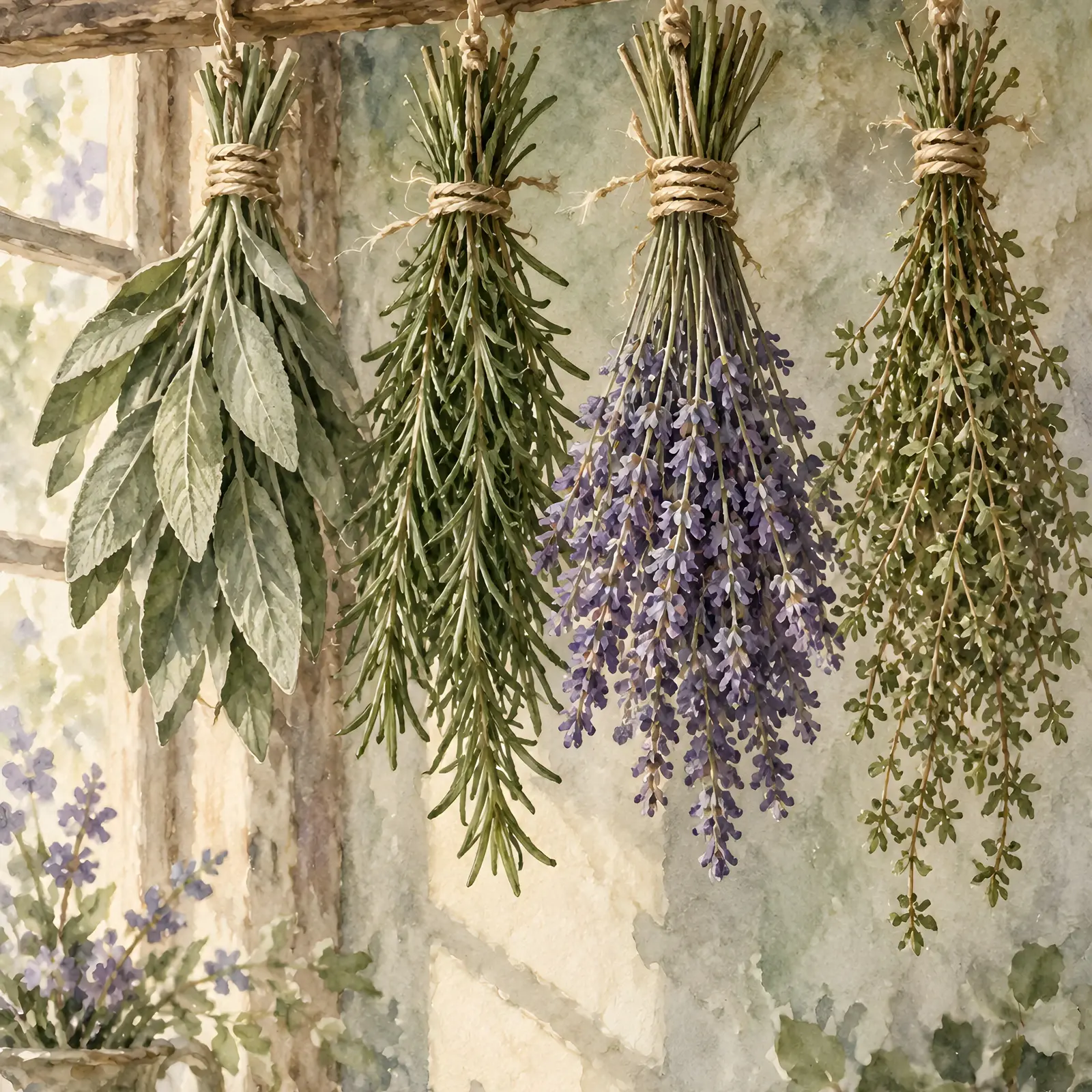 Drying Herb Bundles Still Life Printable Art, Sage Rosemary Lavender Watercolor Print, preview 1 of 4