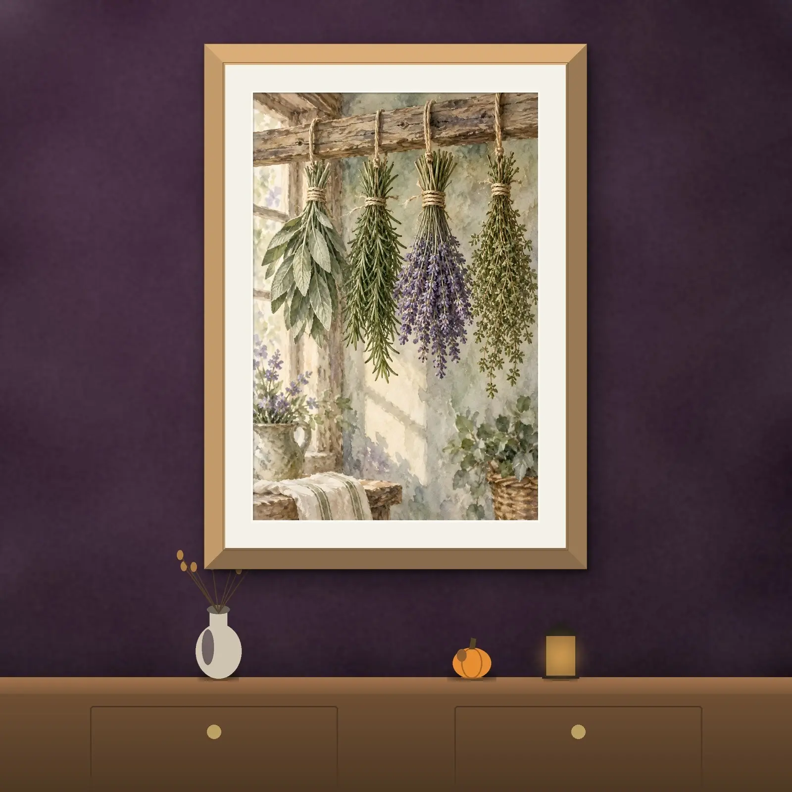 Drying Herb Bundles Still Life Printable Art, Sage Rosemary Lavender Watercolor Print, preview 2 of 4