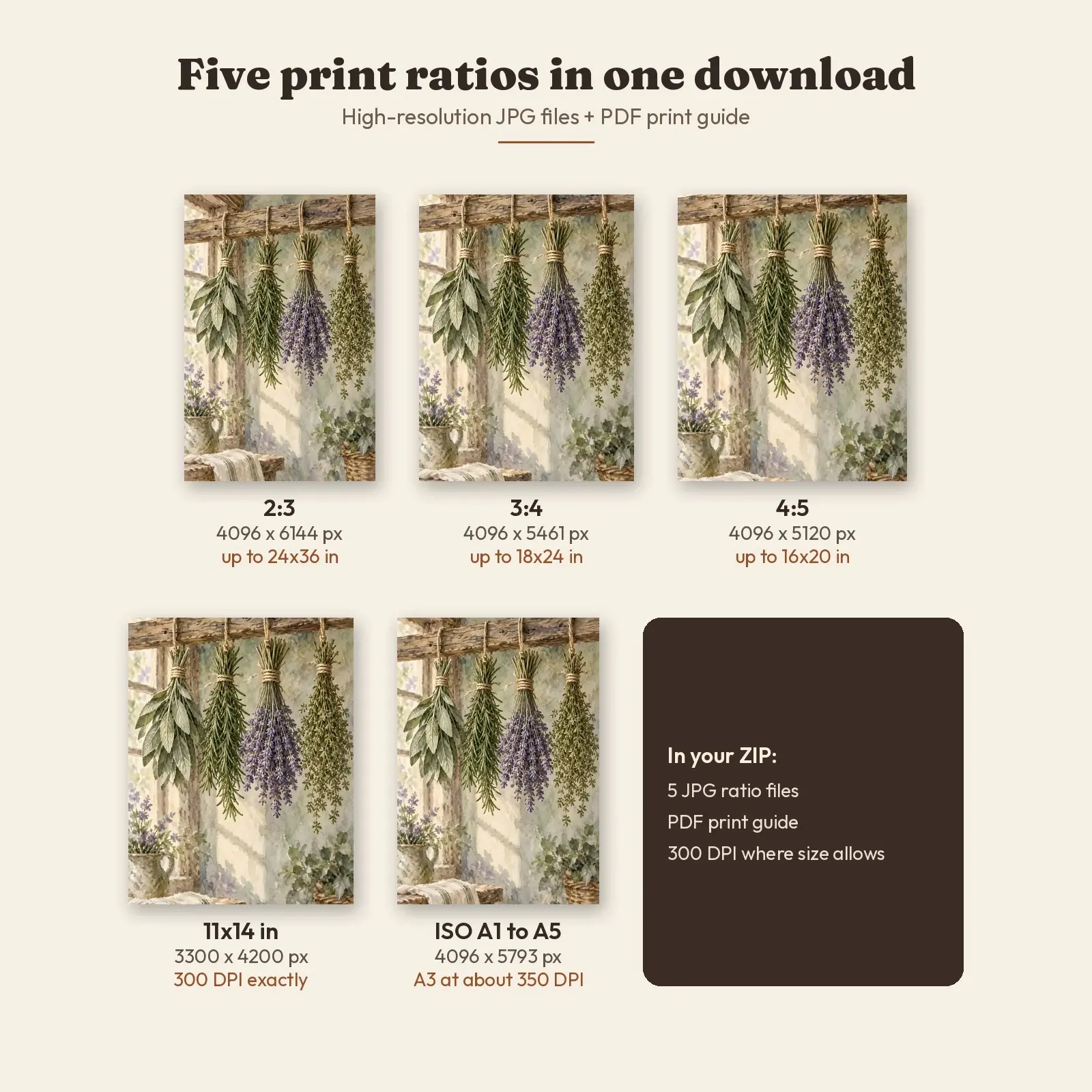 Drying Herb Bundles Still Life Printable Art, Sage Rosemary Lavender Watercolor Print, preview 3 of 4