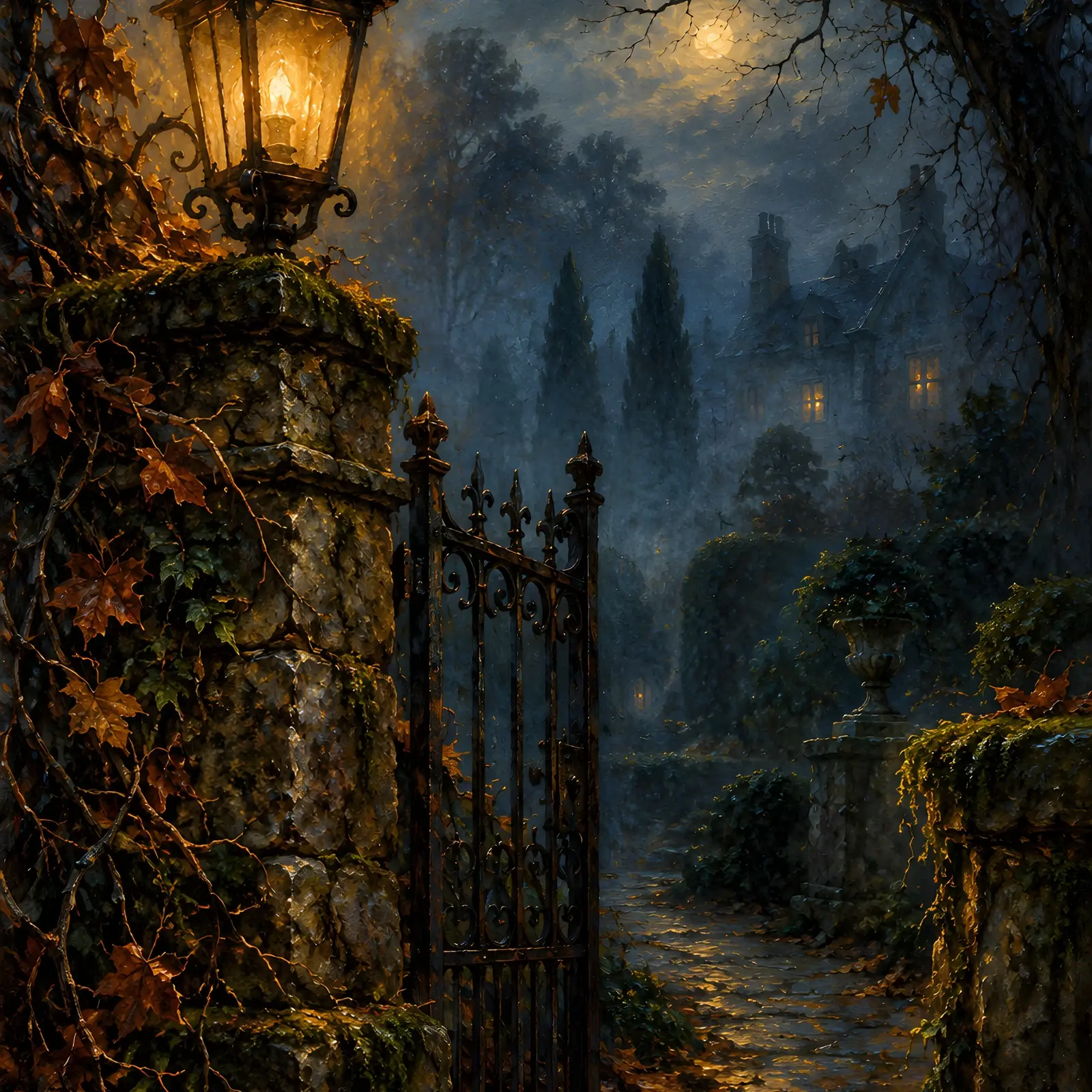 Lantern on a Mossy Gate Printable Art, Foggy Autumn Evening Painting preview