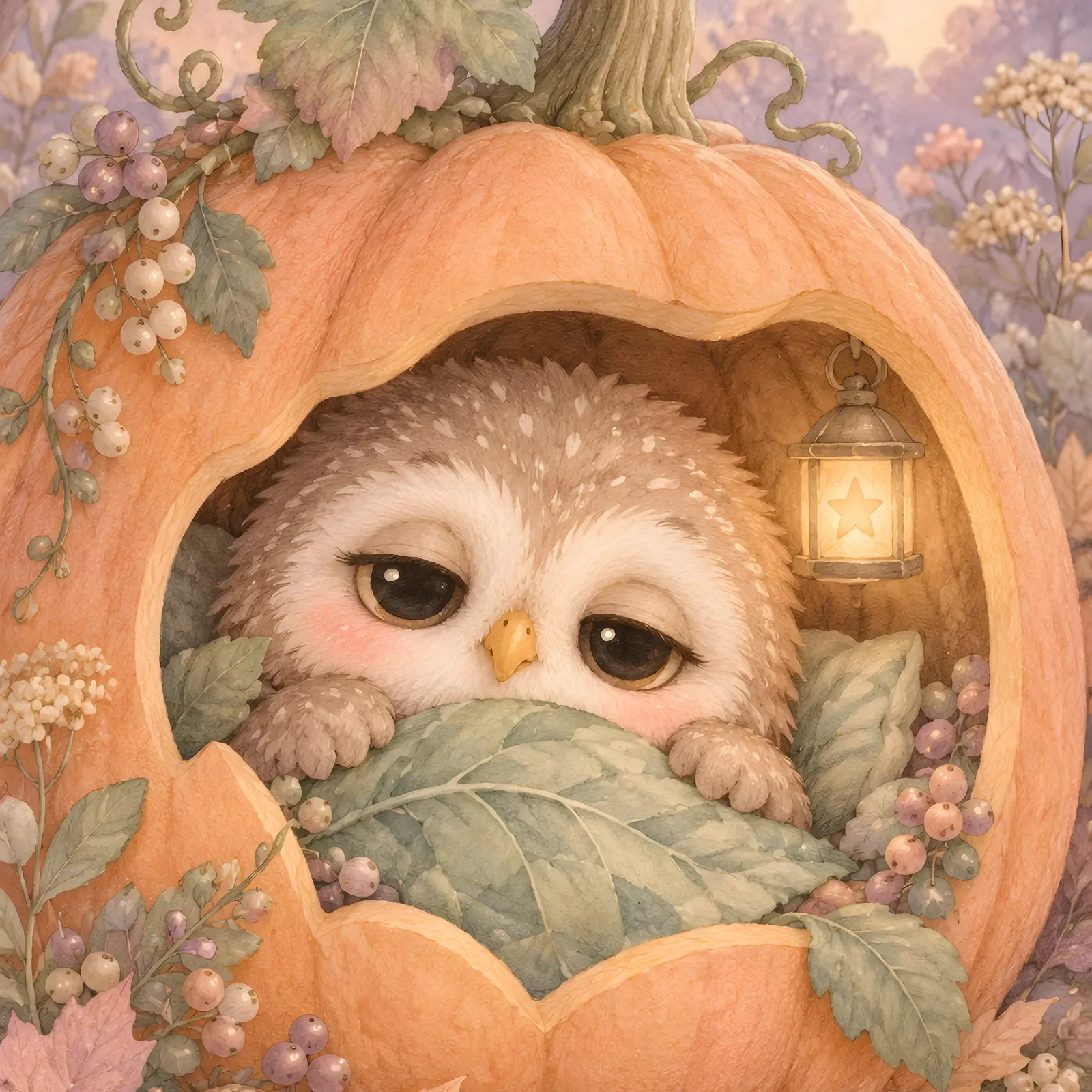 Sleepy Owl Inside a Pumpkin Printable Children's Room Art, Pastel Autumn Nursery Print preview