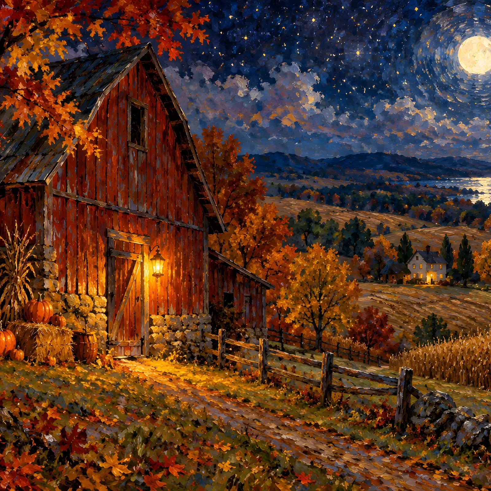 Old Red Barn Under a Starry Autumn Sky Landscape Print, Rustic Harvest Night Painting preview