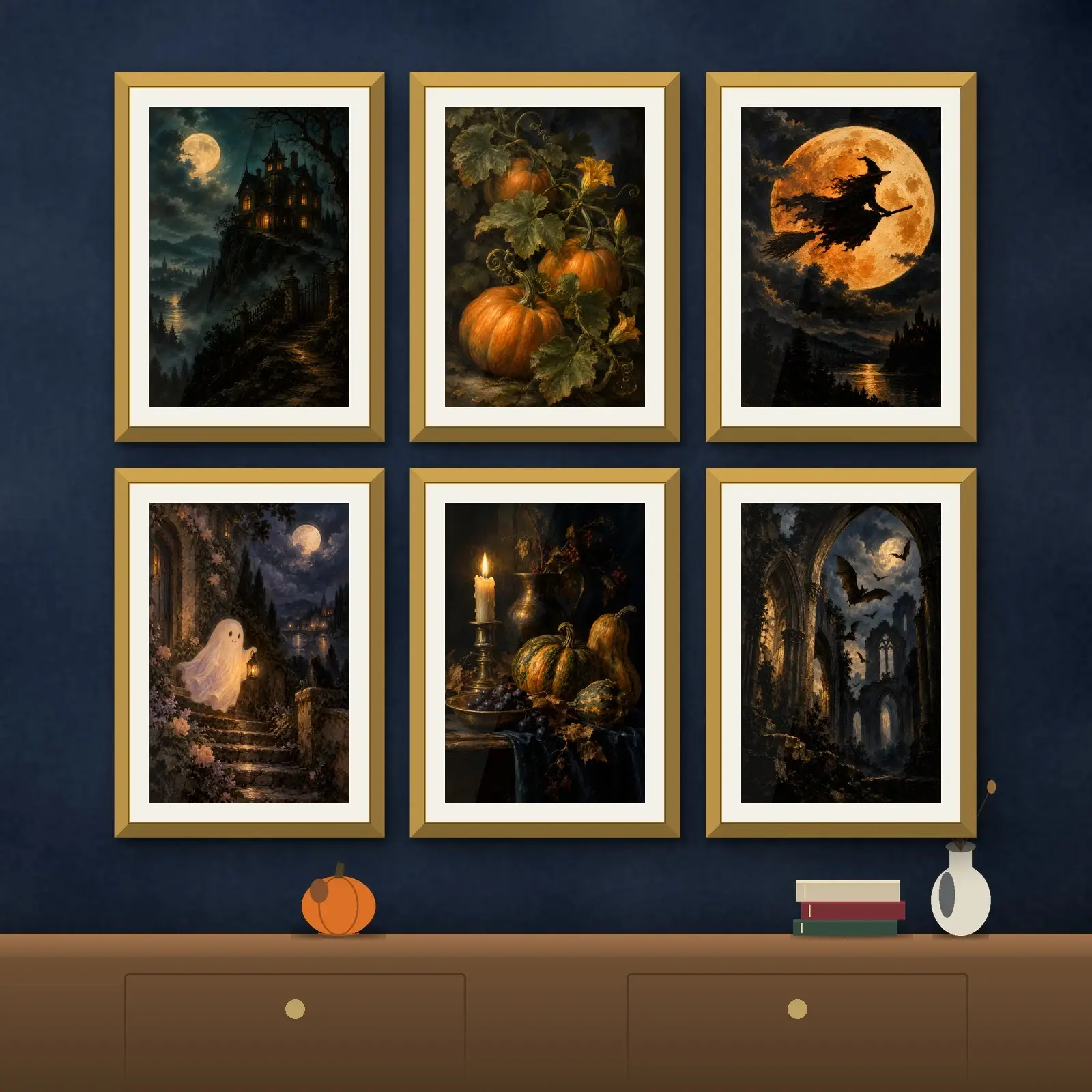 Halloween Gallery Wall Set of 6, Mixed Vintage Printable Art Prints in One Palette preview