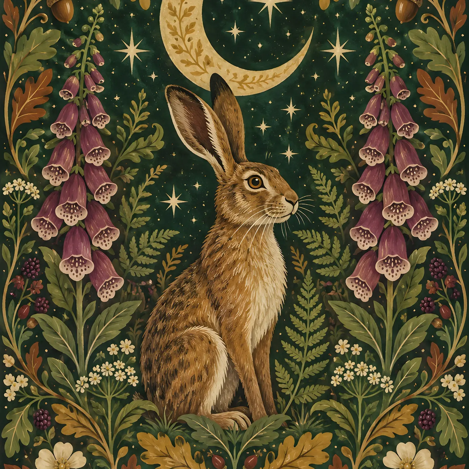 Moon Hare Under Crescent Moon Folk Art Printable Wall Art, Witchy Woodland Print preview