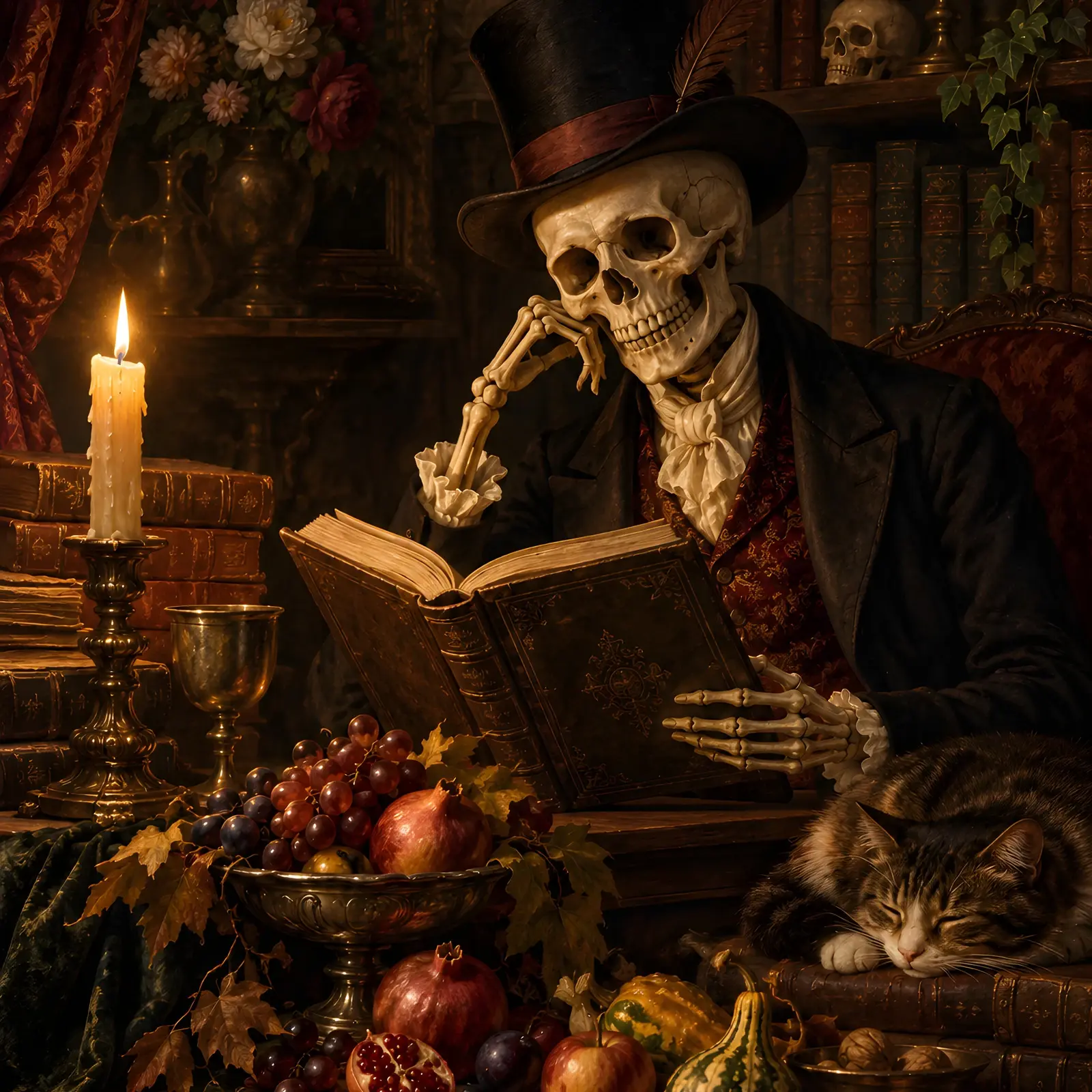 Skeleton Gentleman Reading by Candlelight Printable Wall Art, Dark Academia Halloween Print preview