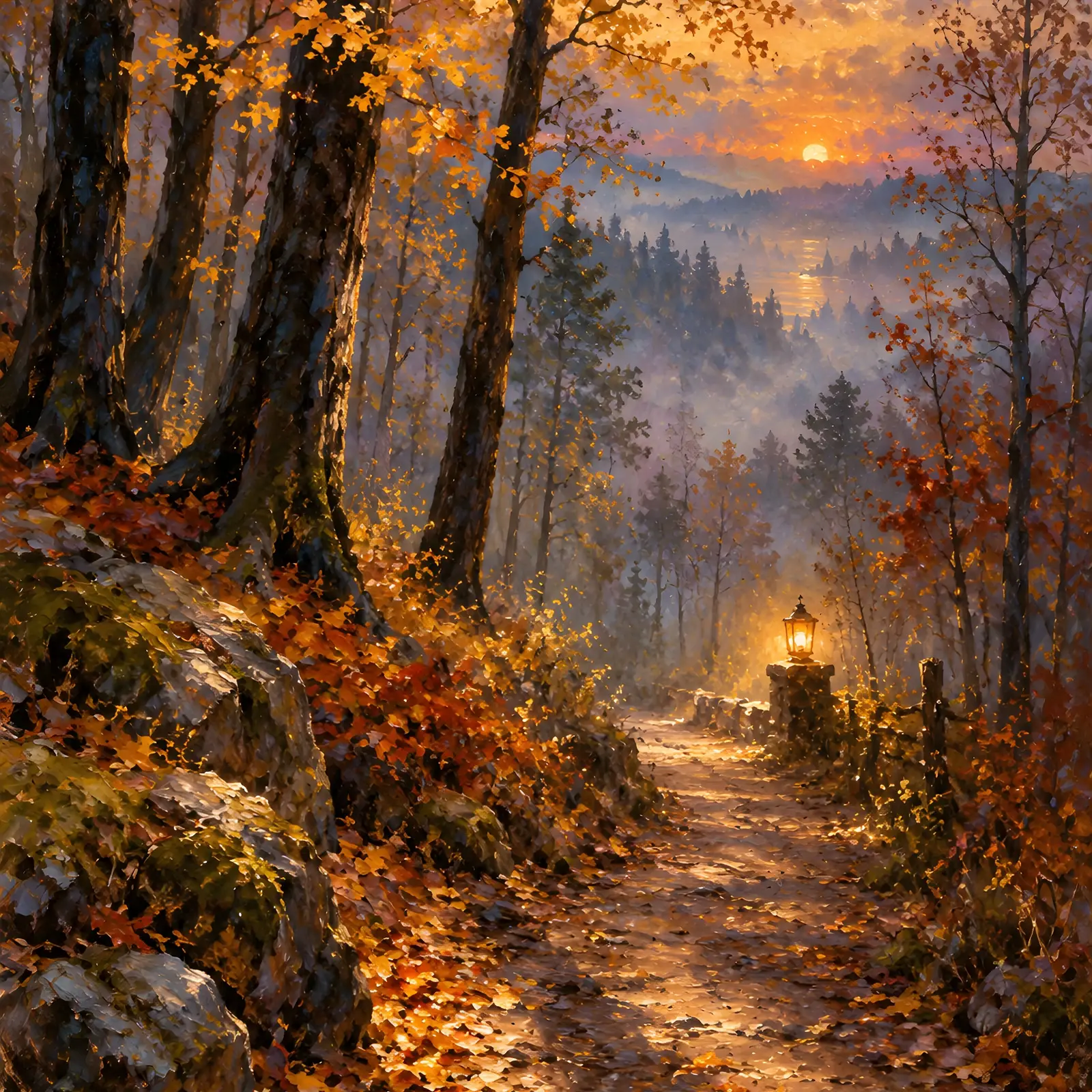 Misty Autumn Forest Path to a Glowing Lantern Printable Art, Atmospheric Woodland Painting preview