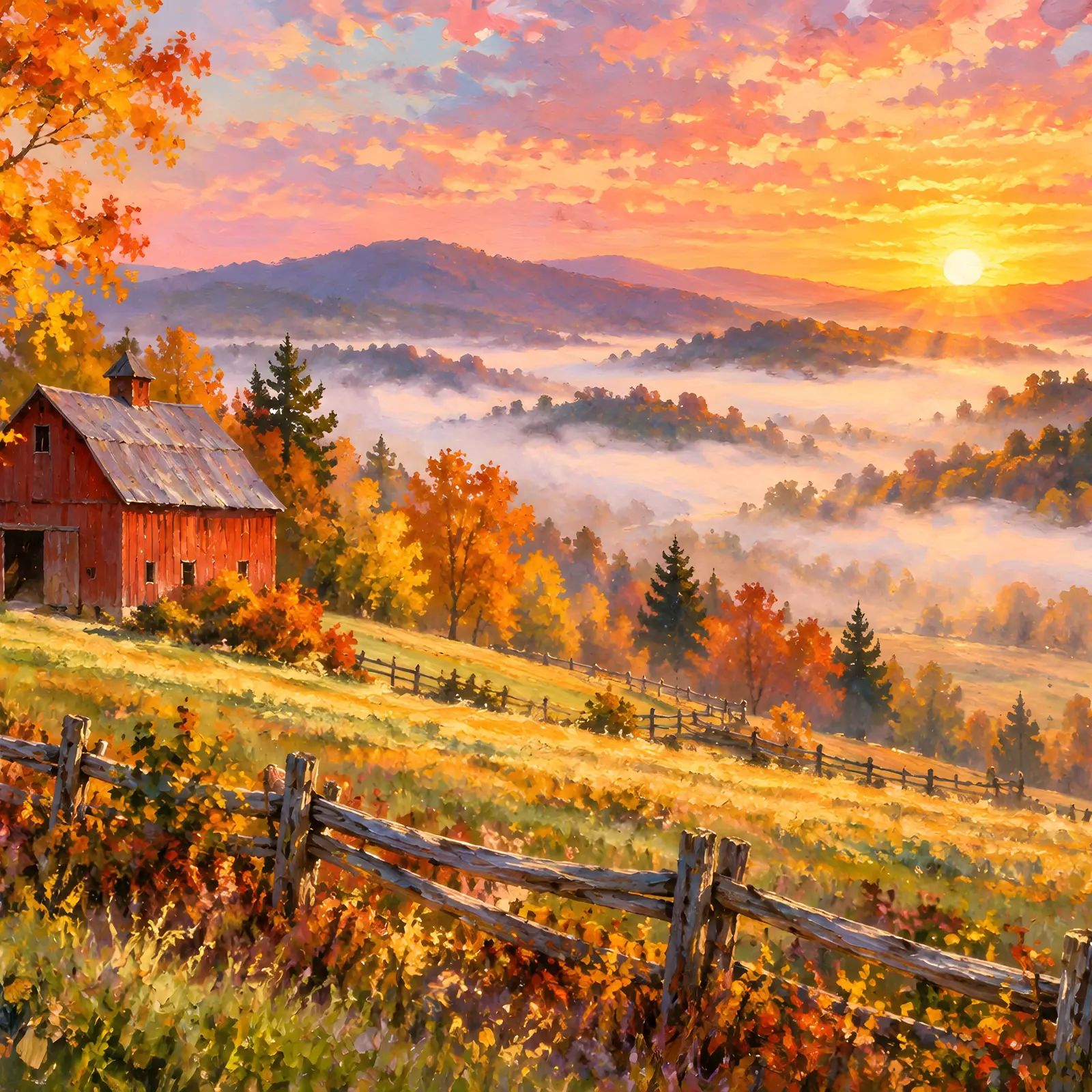 Red Barn on Misty Hills at Sunrise Landscape Printable Art, Rural Fall Painting preview