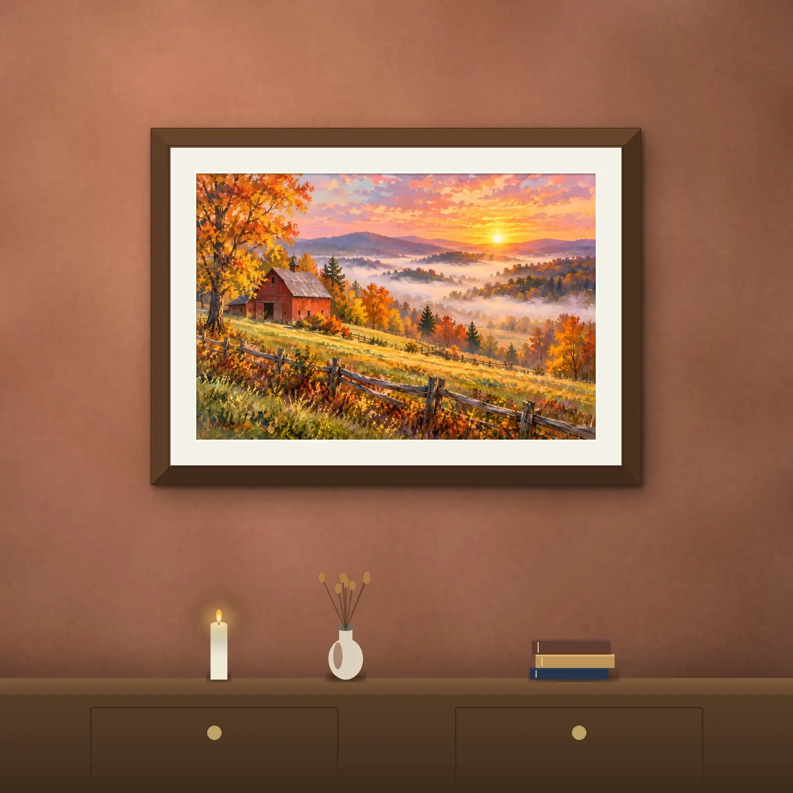 Red Barn on Misty Hills at Sunrise Landscape Printable Art, Rural Fall Painting, preview 2 of 4