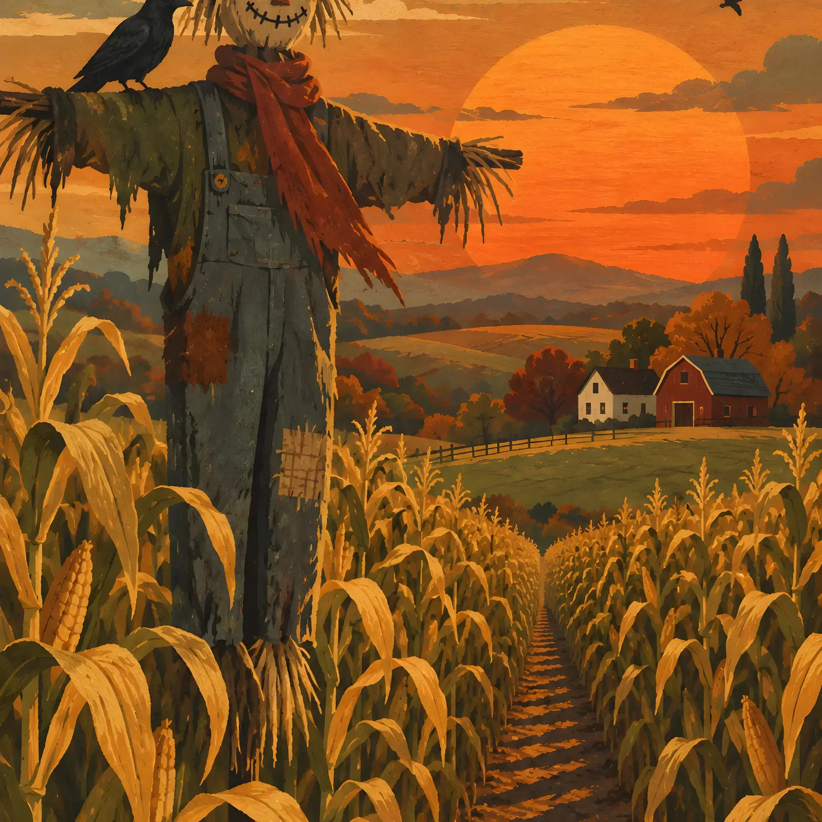 Cornfield at Dusk with Scarecrow Folk Art Printable Halloween Print, Retro Autumn Poster preview