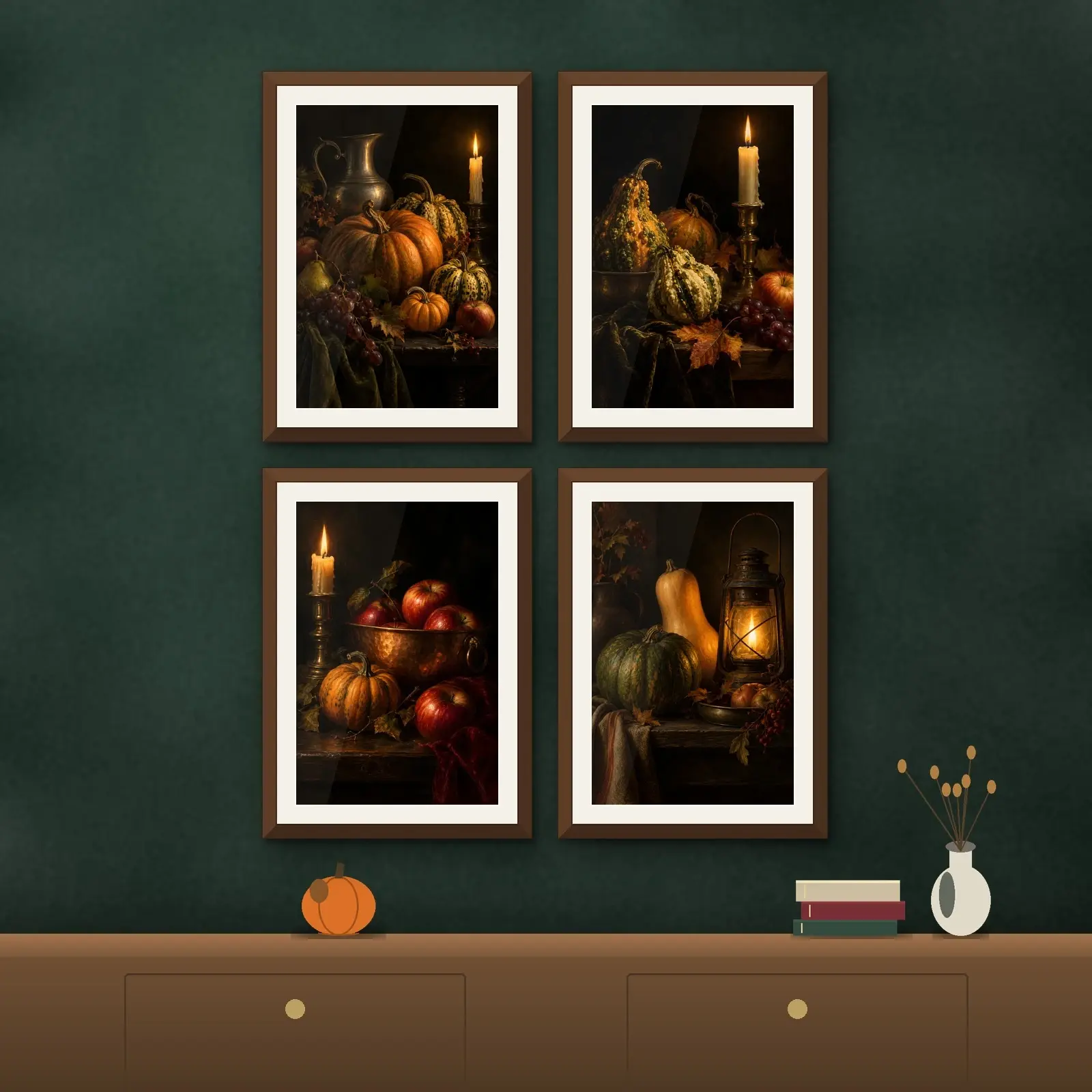 Candlelit Pumpkin Still Life Set of 4, Printable Dark Autumn Gallery Wall Prints preview