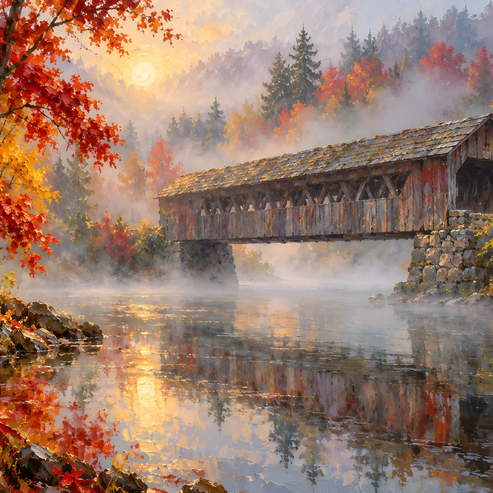 Covered Bridge in Autumn Mist Landscape Printable Art, New England Style Fall Painting preview