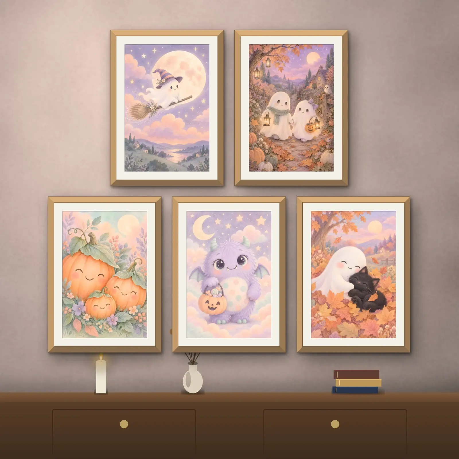Spooky Cute Ghost Friends Print Set of 5, Printable Pastel Halloween Kids Room Art preview