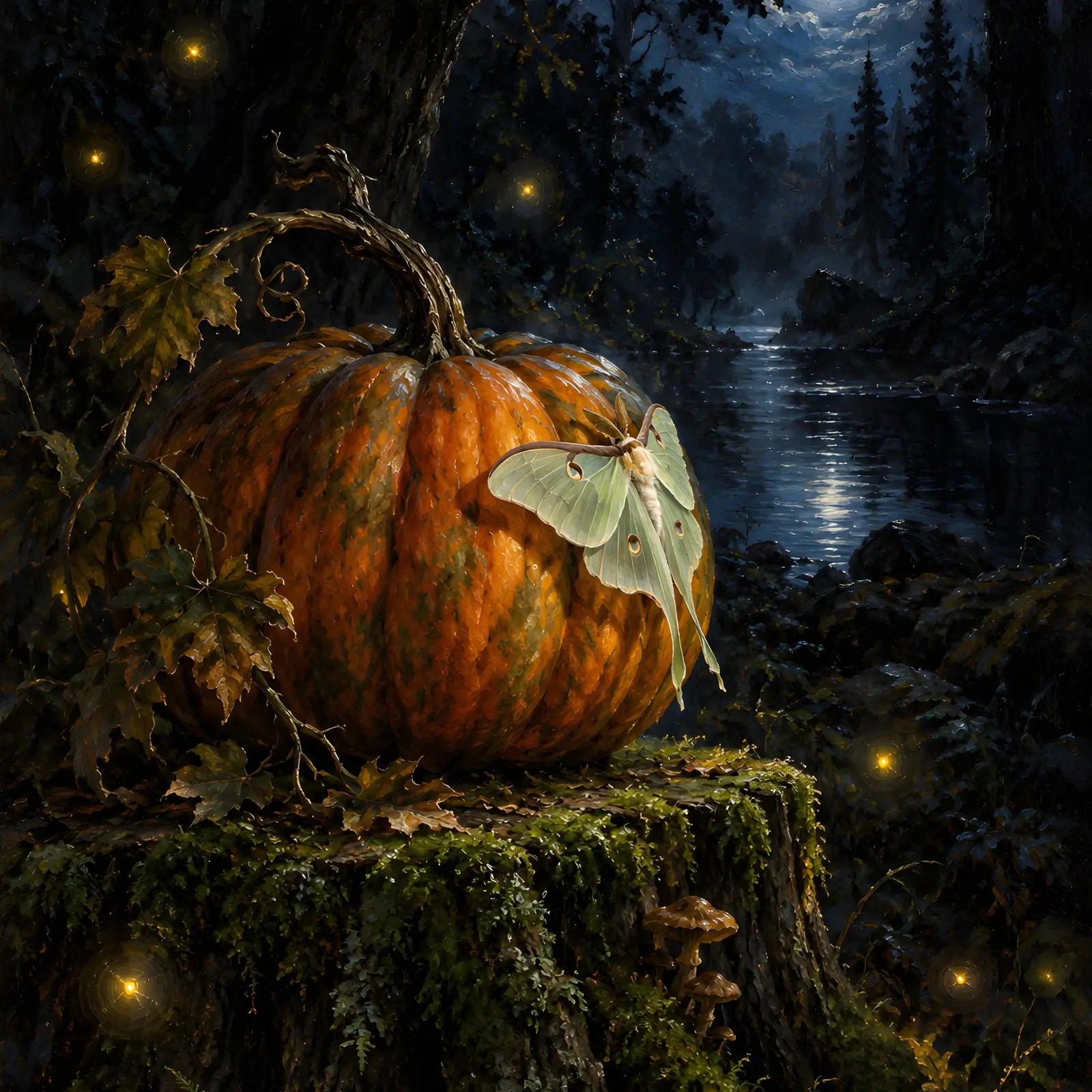 Pumpkin and Moth on a Mossy Stump Printable Art, Quiet Autumn Night Painting preview