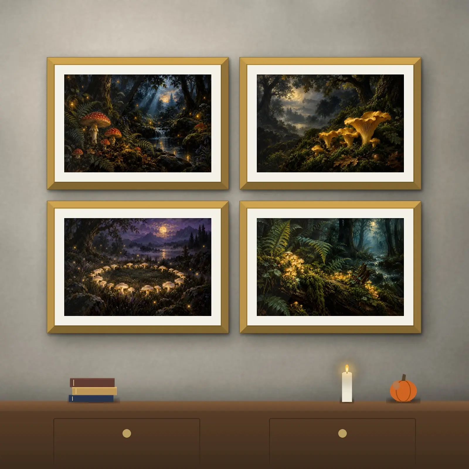 Mushroom Forest Painting Set of 4, Printable Mystical Fungi Landscape Wall Art preview