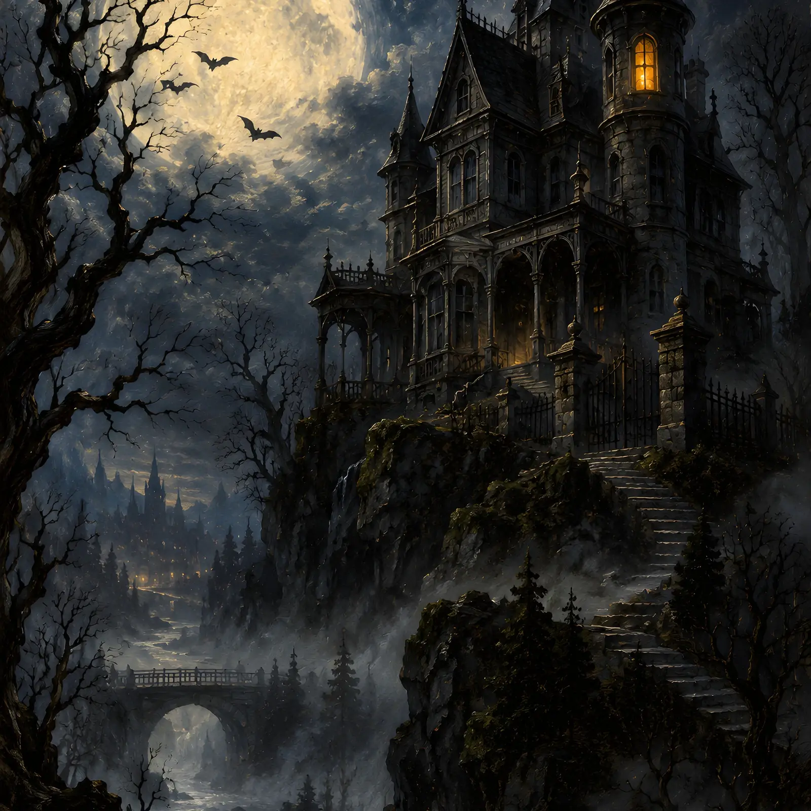Haunted Victorian House on a Moonlit Hill Printable Wall Art, Halloween Oil Painting preview