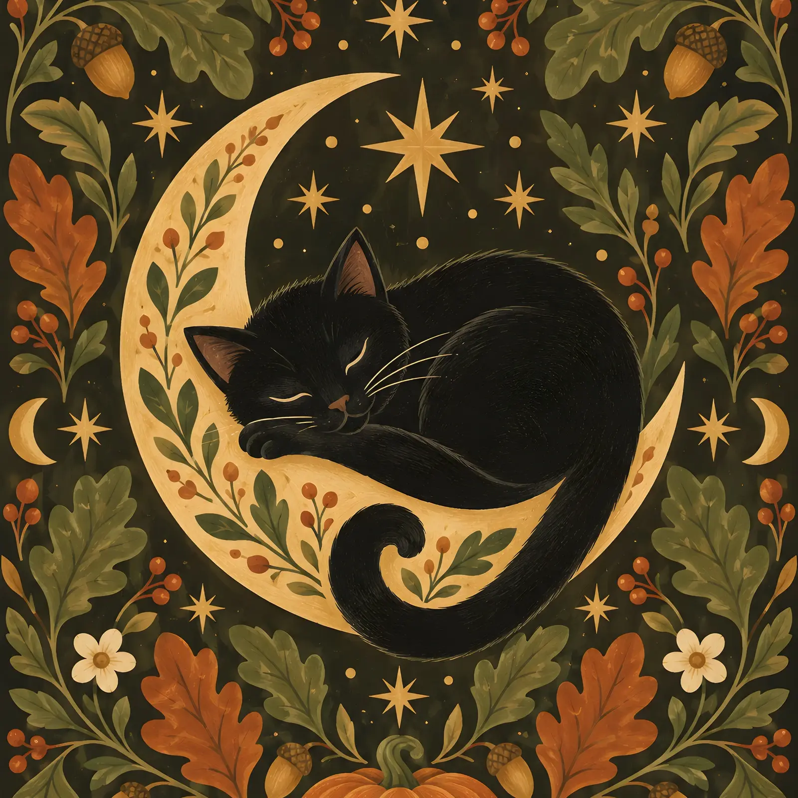 Folk Art Black Cat and Crescent Moon Printable Halloween Poster, Retro Gouache Print preview
