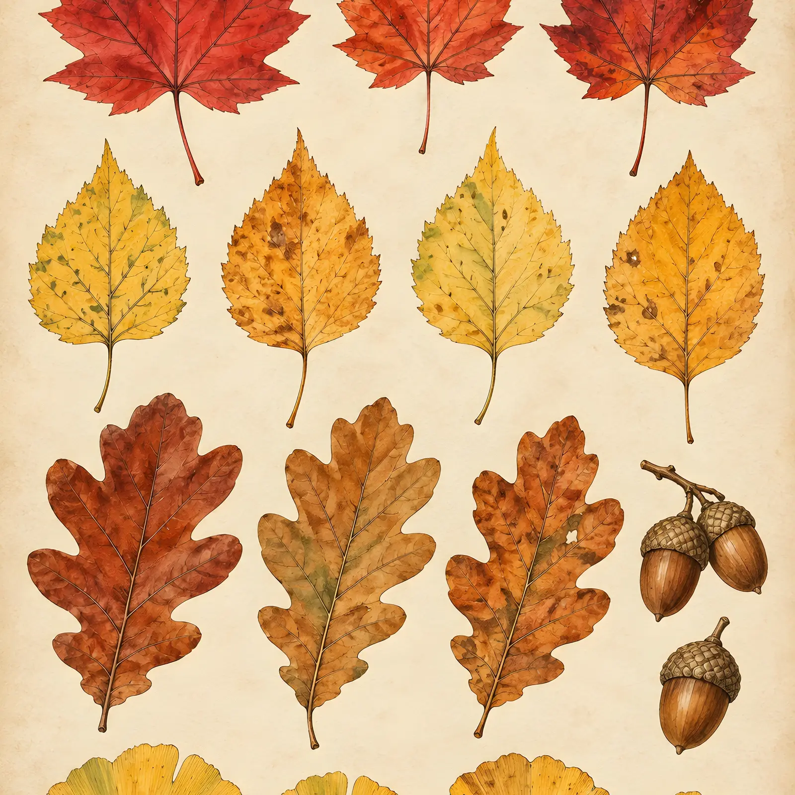 Maple and Oak Leaf Botanical Plate Printable Wall Art, Autumn Leaves Watercolor Print preview