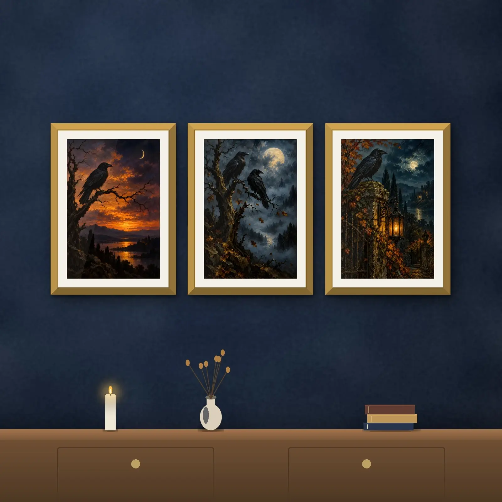 Crows and Ravens Wall Art Trio, 3 Printable Moody Autumn Bird Paintings preview