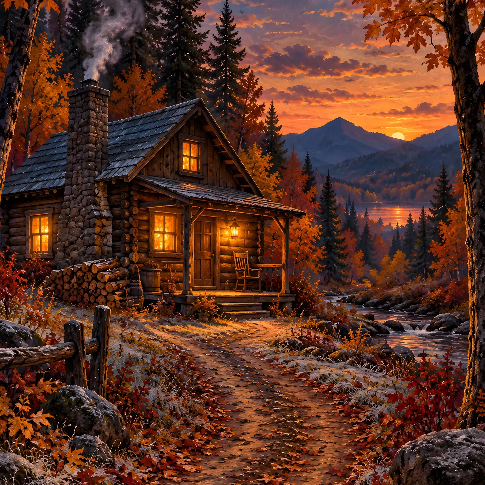 Log Cabin in the Woods with Chimney Smoke Printable Art, Cozy Autumn Evening Painting preview