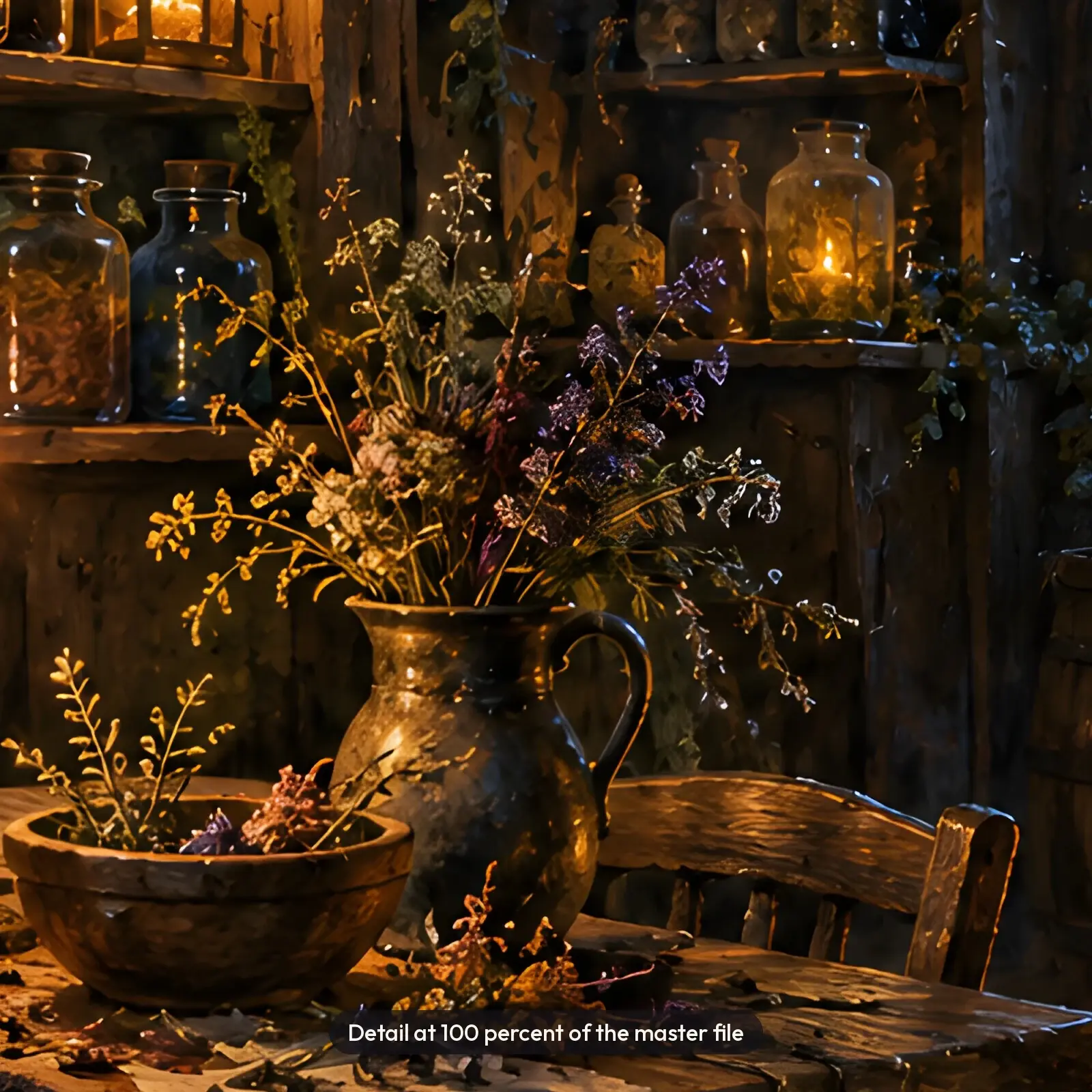 Witch's Cottage Kitchen with Cauldron and Hanging Herbs Printable Painting, preview 4 of 4