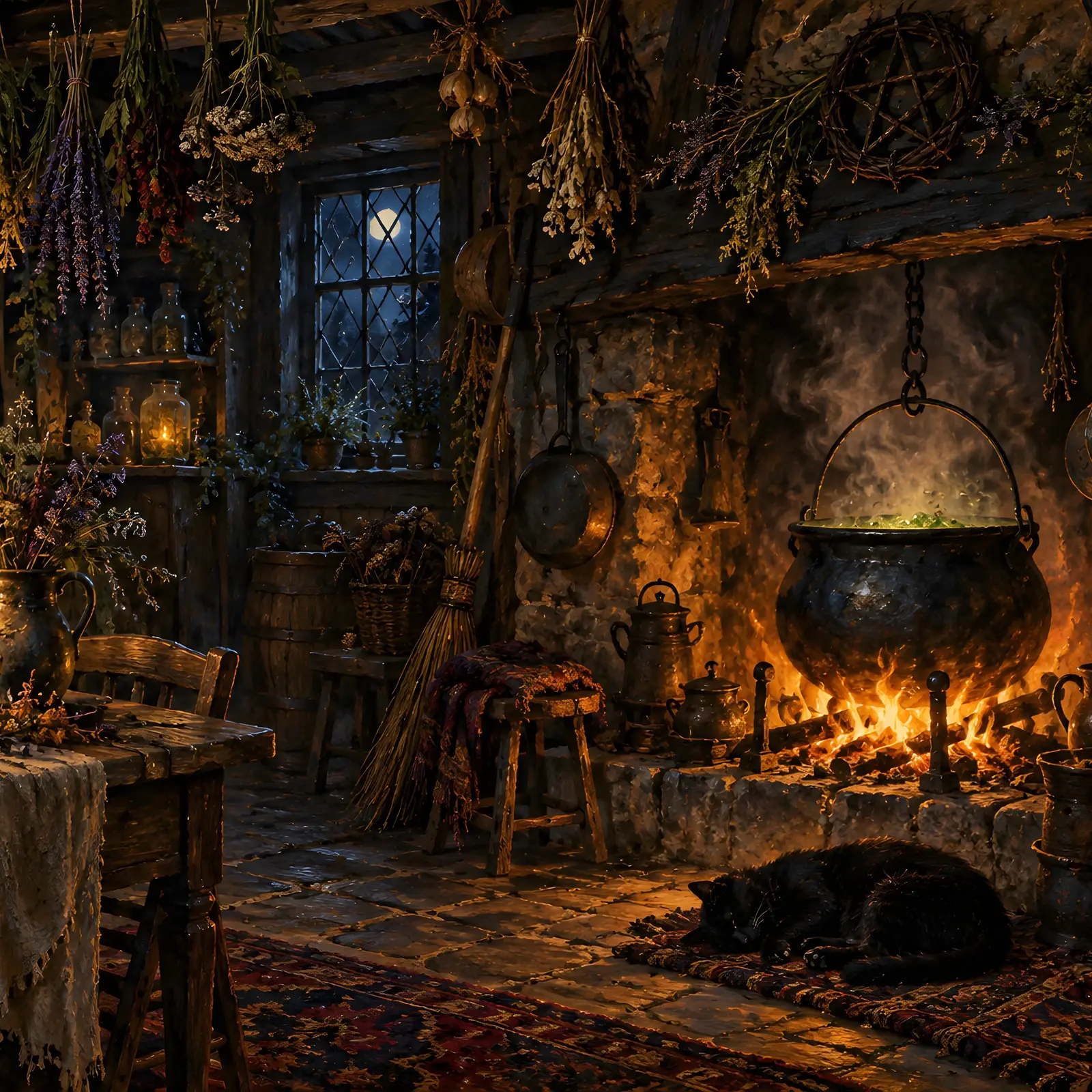 Witch's Cottage Kitchen with Cauldron and Hanging Herbs Printable Painting, preview 1 of 4