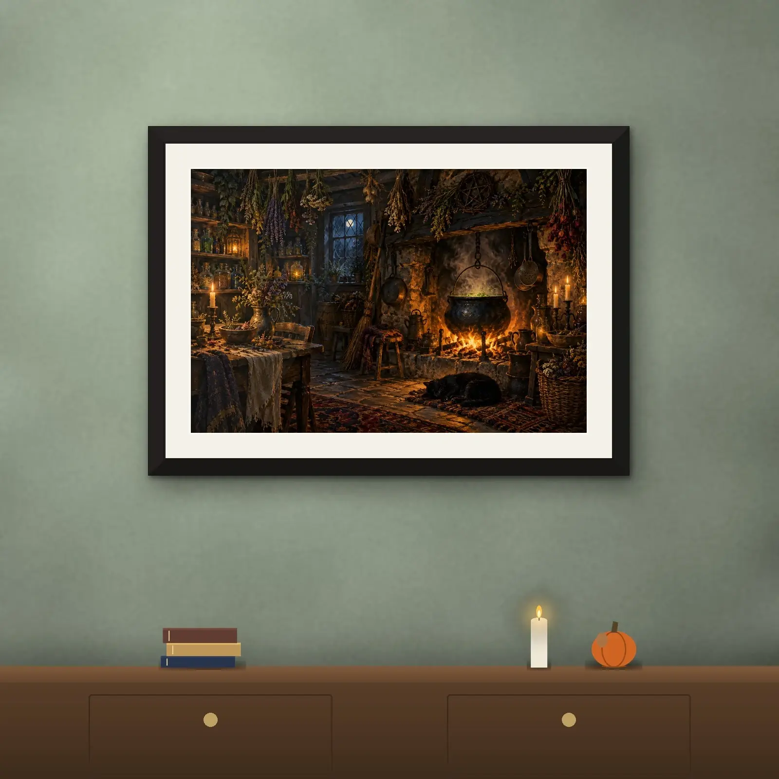 Witch's Cottage Kitchen with Cauldron and Hanging Herbs Printable Painting, preview 2 of 4