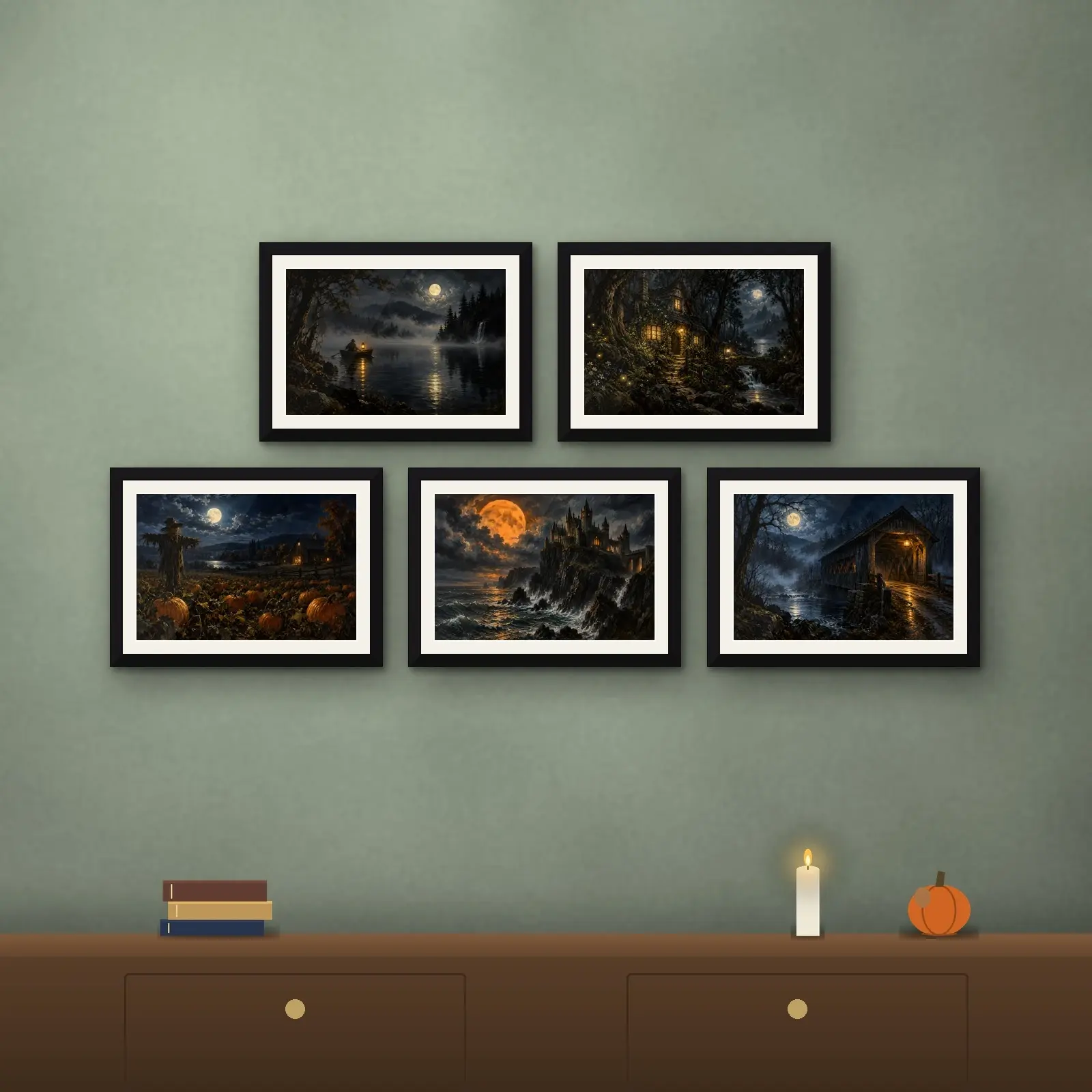 Haunted Landscape Set of 5, Printable Moody Halloween Night Paintings for Wide Walls preview