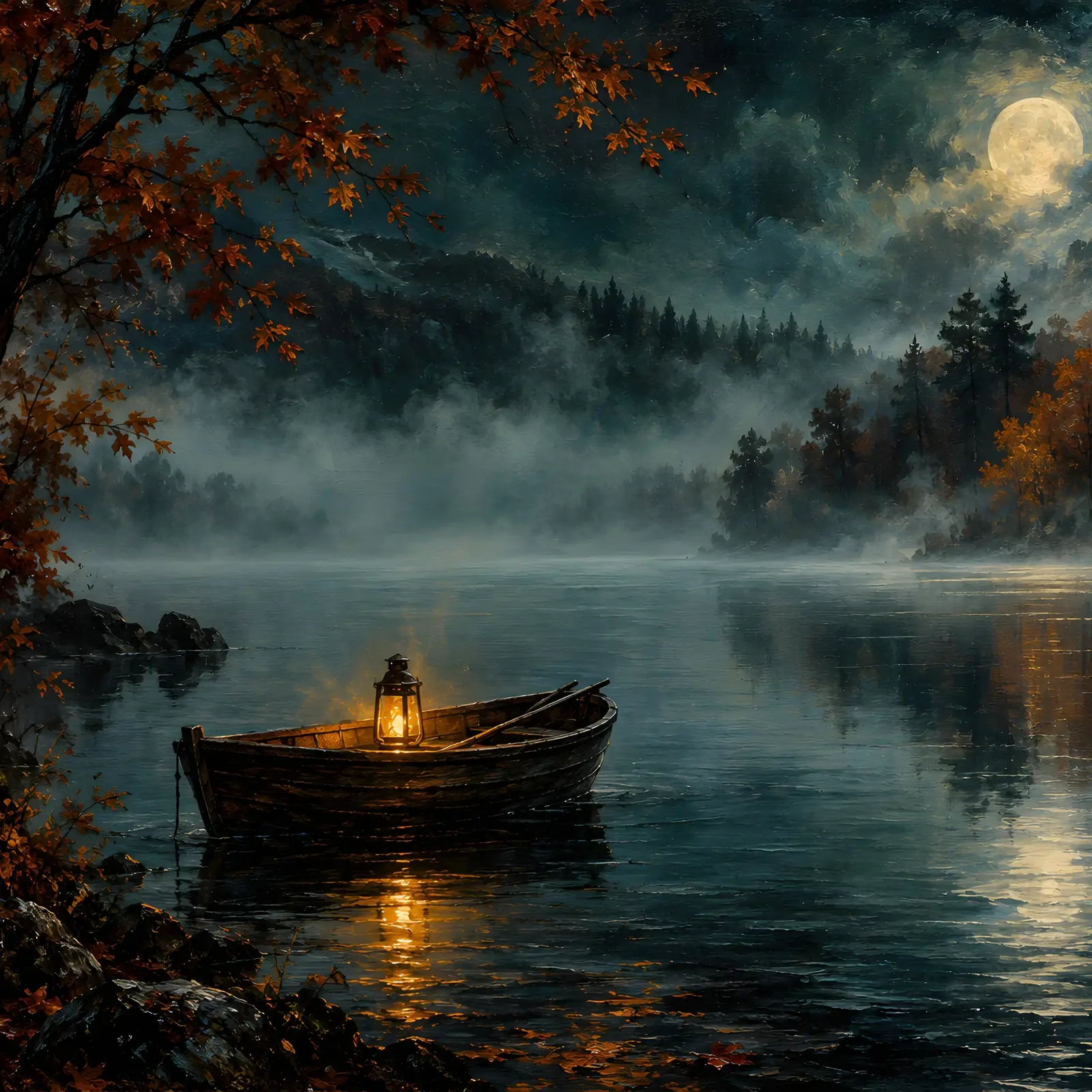 Foggy Lake with Lone Rowboat and Lantern Landscape Print, Moody Autumn Night Painting preview