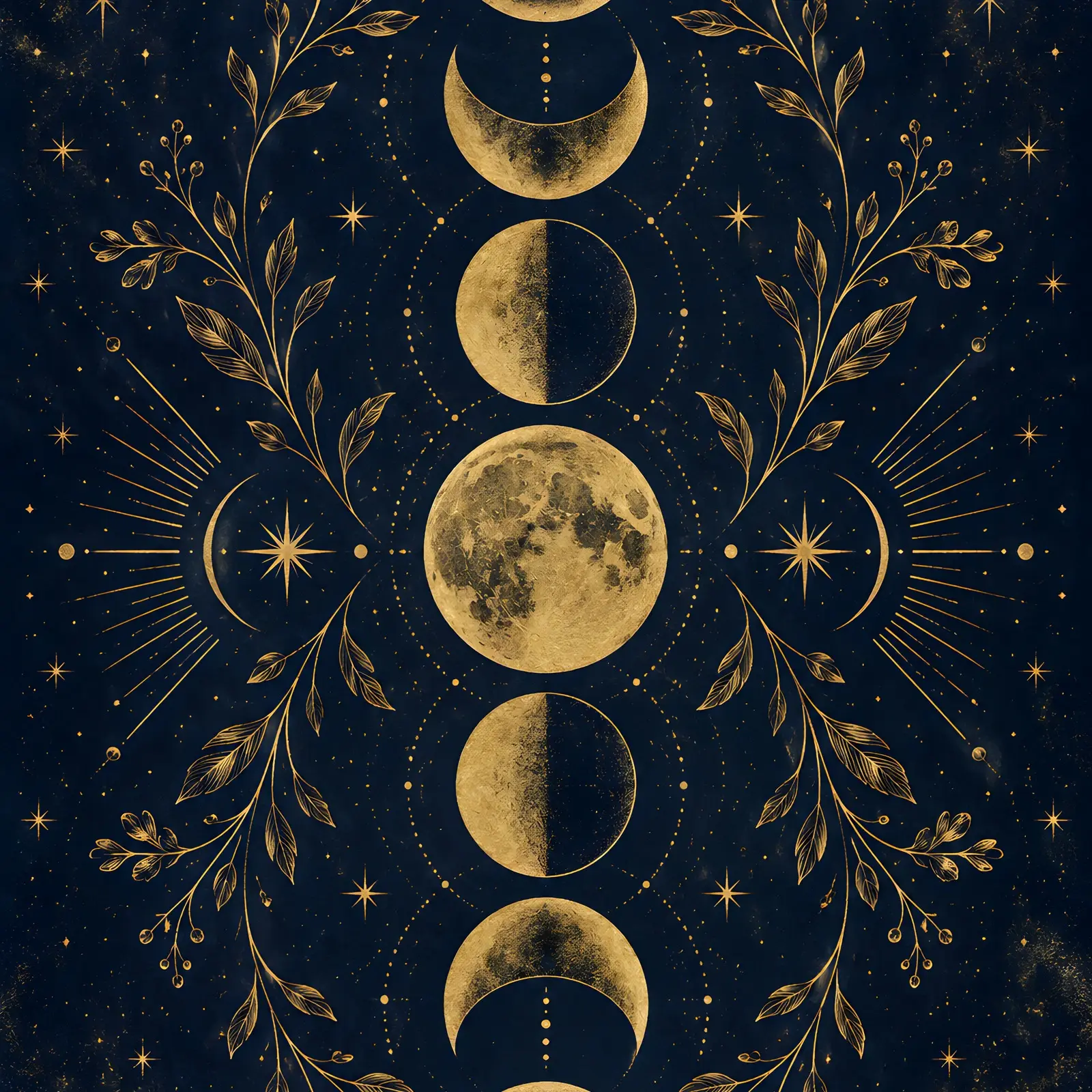 Gold Moon Phases on Navy Printable Wall Art, Celestial Witchy Lunar Print preview