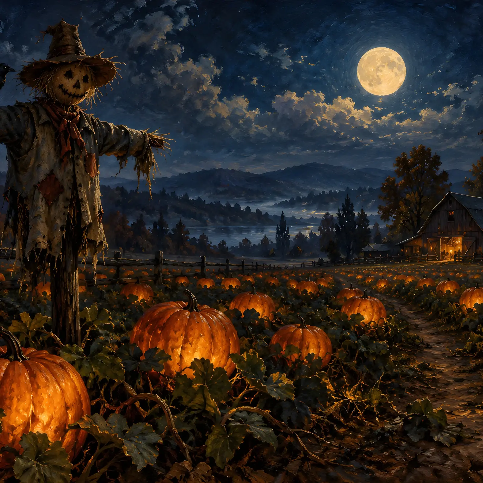 Moonlit Pumpkin Field with Scarecrow Landscape Print, Vintage Halloween Painting preview