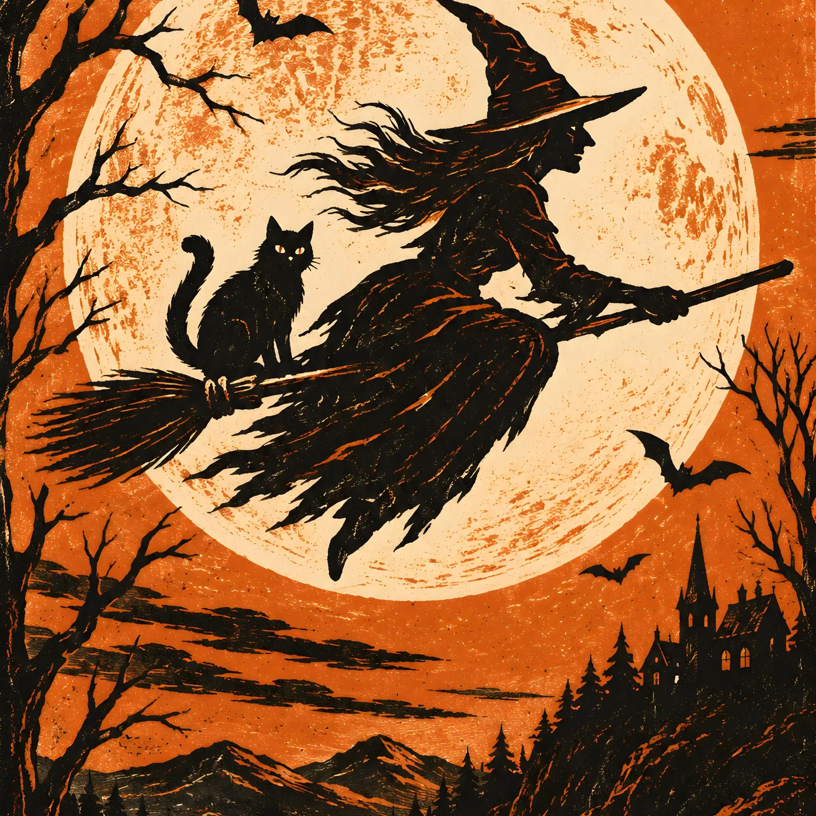 Witch Silhouette Crossing the Full Moon Linocut Style Printable Halloween Art preview