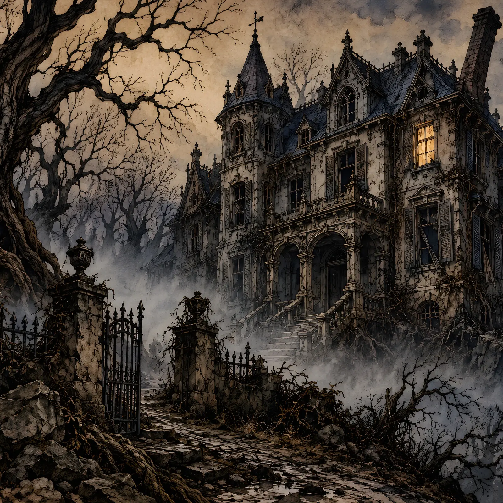 Abandoned Gothic Mansion in Fog Landscape Print, Vintage Haunted House Illustration preview