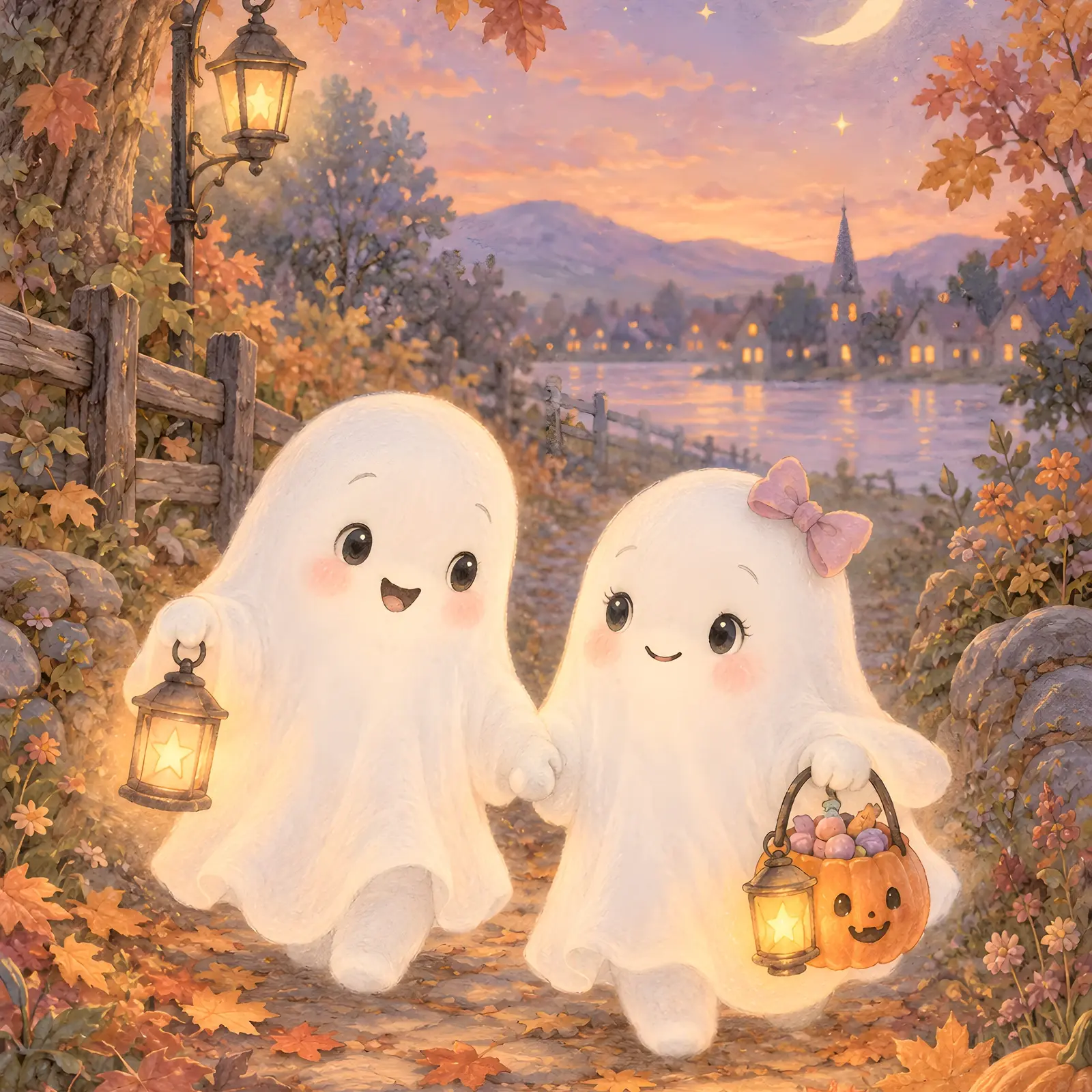 Two Baby Ghosts Trick or Treating Printable Nursery Art, Sweet Halloween Illustration preview